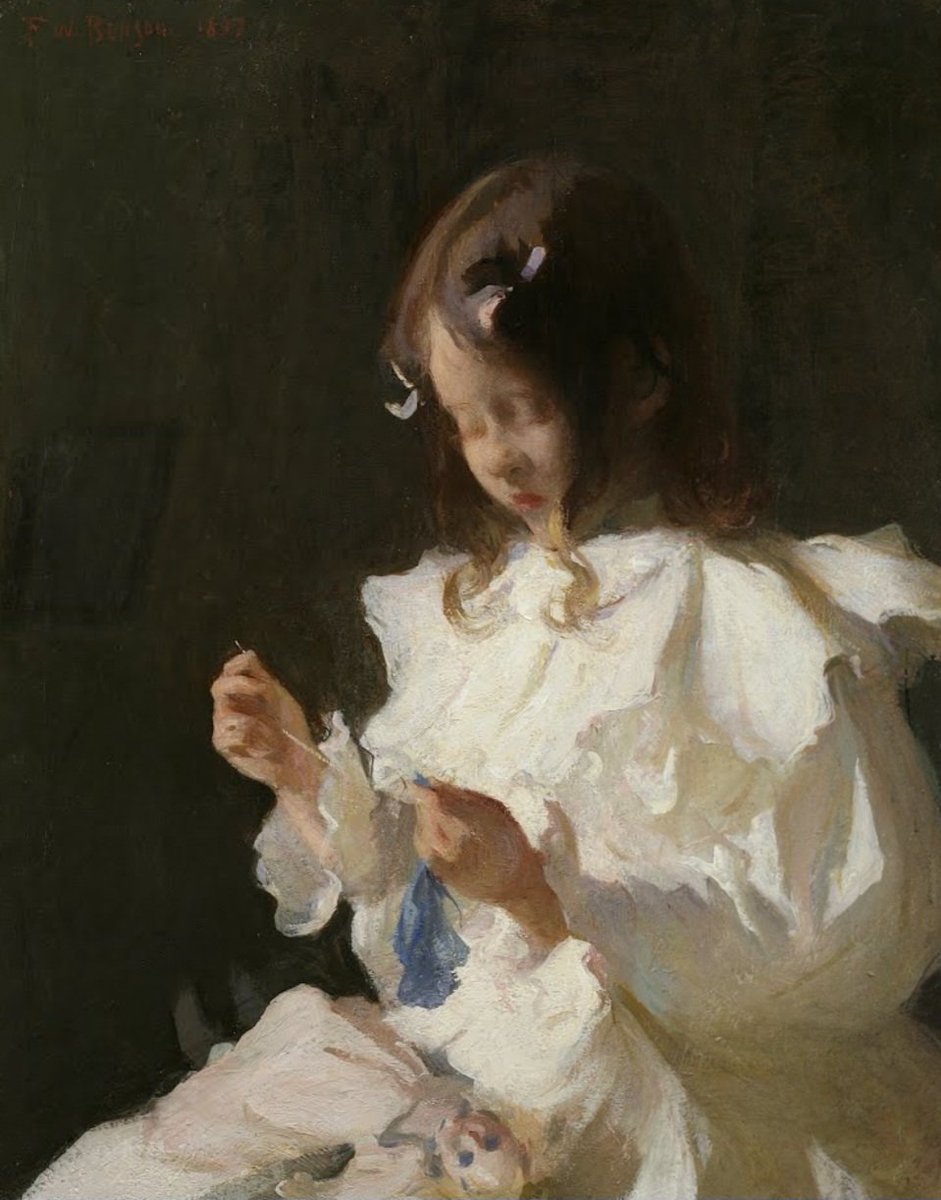 Painted in 1897, 'Portrait of a Child Sewing,' possesses all the traits of Frank Weston Benson's personal and celebrated style with its bold brushwork and mastery of light and atmosphere. Around 1905, the majority of the Boston painters (particularly Benson) began to look to