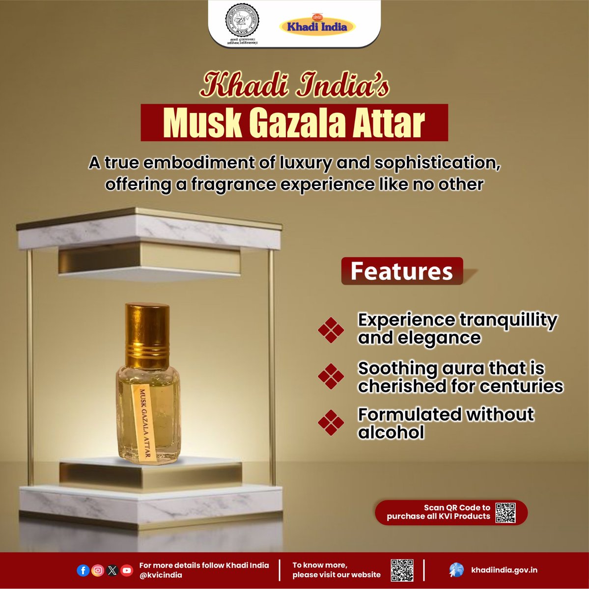 Khadi India’s Musk Gazala Attar – a pure, natural essence crafted from the finest flower absolutes derived from musk amber. This exquisite attar is a true embodiment of luxury and sophistication, offering a fragrance experience like no other. Visit your nearest #Khadi store or