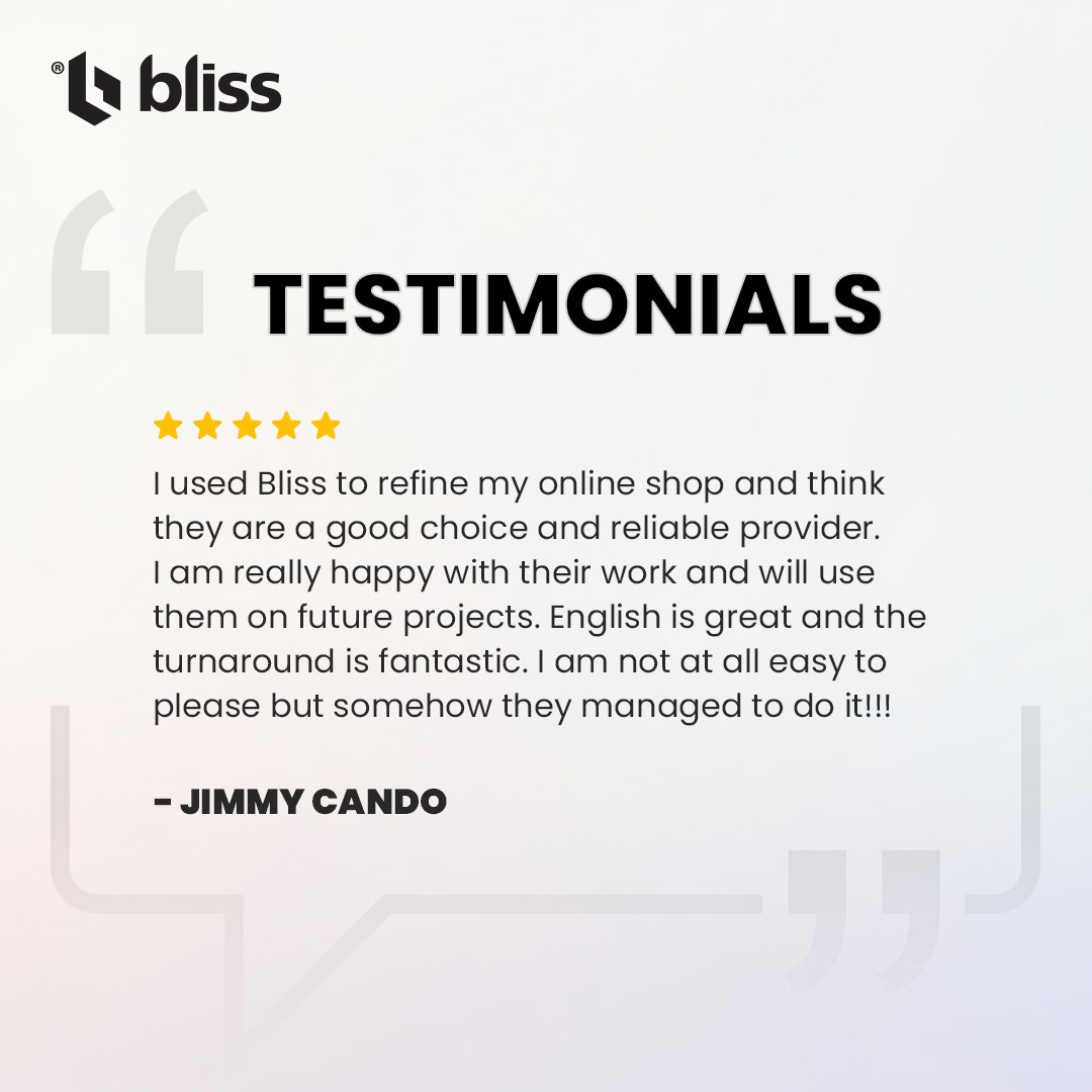 Cheers to Jimmy for the stellar review! 🌟

#ecommercedevelopment #blisswebsolution #shopifyexpert #magentoexperts #ecommercesolutions #magentoexperts #bigcommerceexpert #woocommercedevelopment #businessgrowthexpert