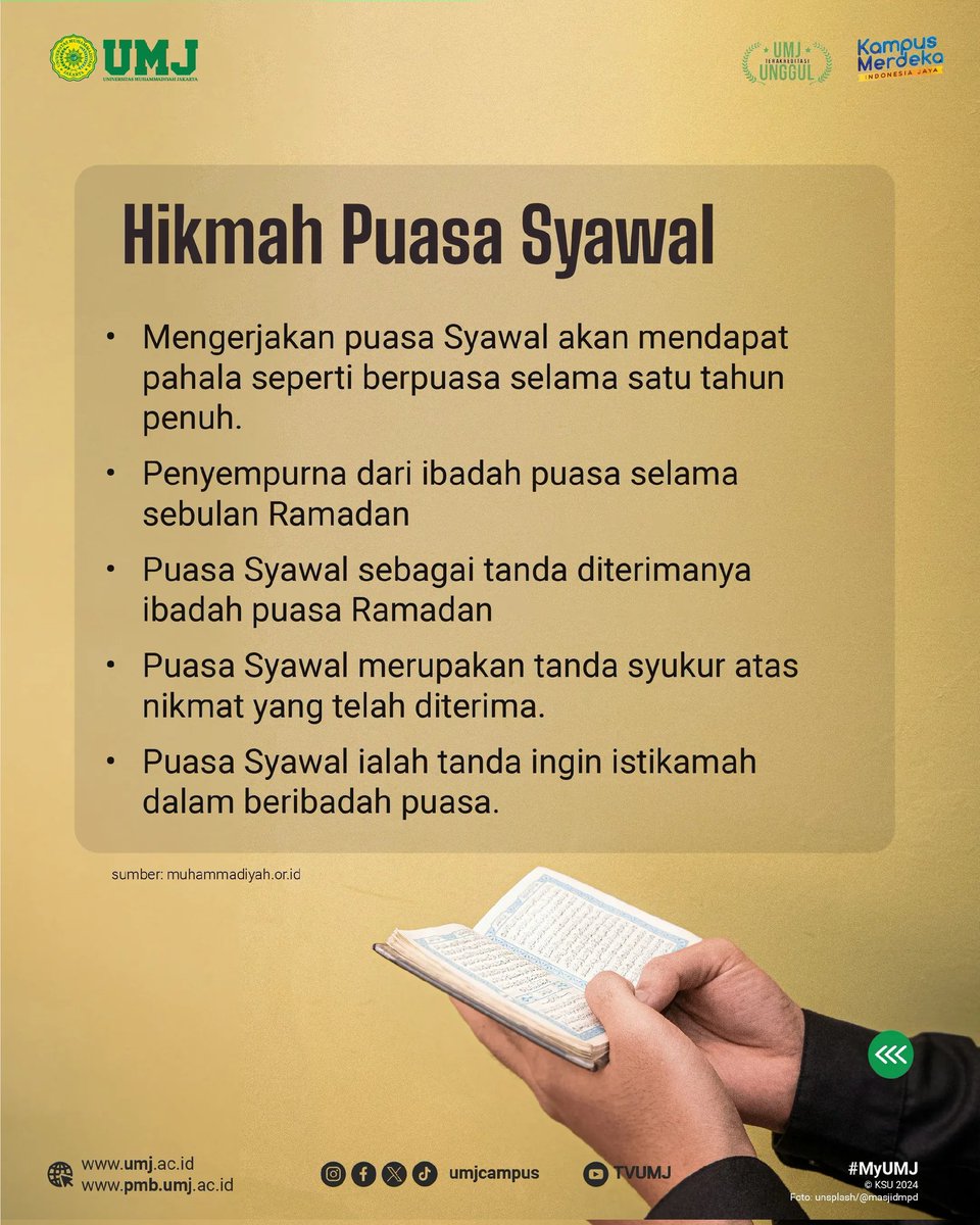 Syawalan yuk, walaupun Ramadan telah usai namun kita masih diberi kesempatan loh untuk melaksanakan puasa 6 hari yang bernilai 1 tahun, apa iya ? 
─────────────────────────
©Kantor Sekretariat Universitas2024
#umjunggul #MyUMJ #kampustangsel #Muhammadiyah