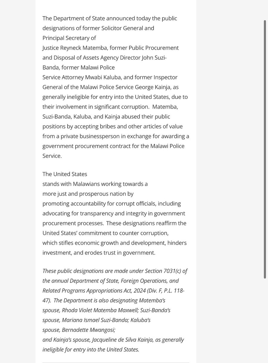 US Govt has sanctioned Malawi’s former Solicitor-Gen Reyneck Matemba, former Public Procurement Agency Director John Suzi-Banda, former Malawi Police l Attorney Mwabi Kaluba, & former Inspector General of Police George Kainja, “due to their involvement in significant corruption”.