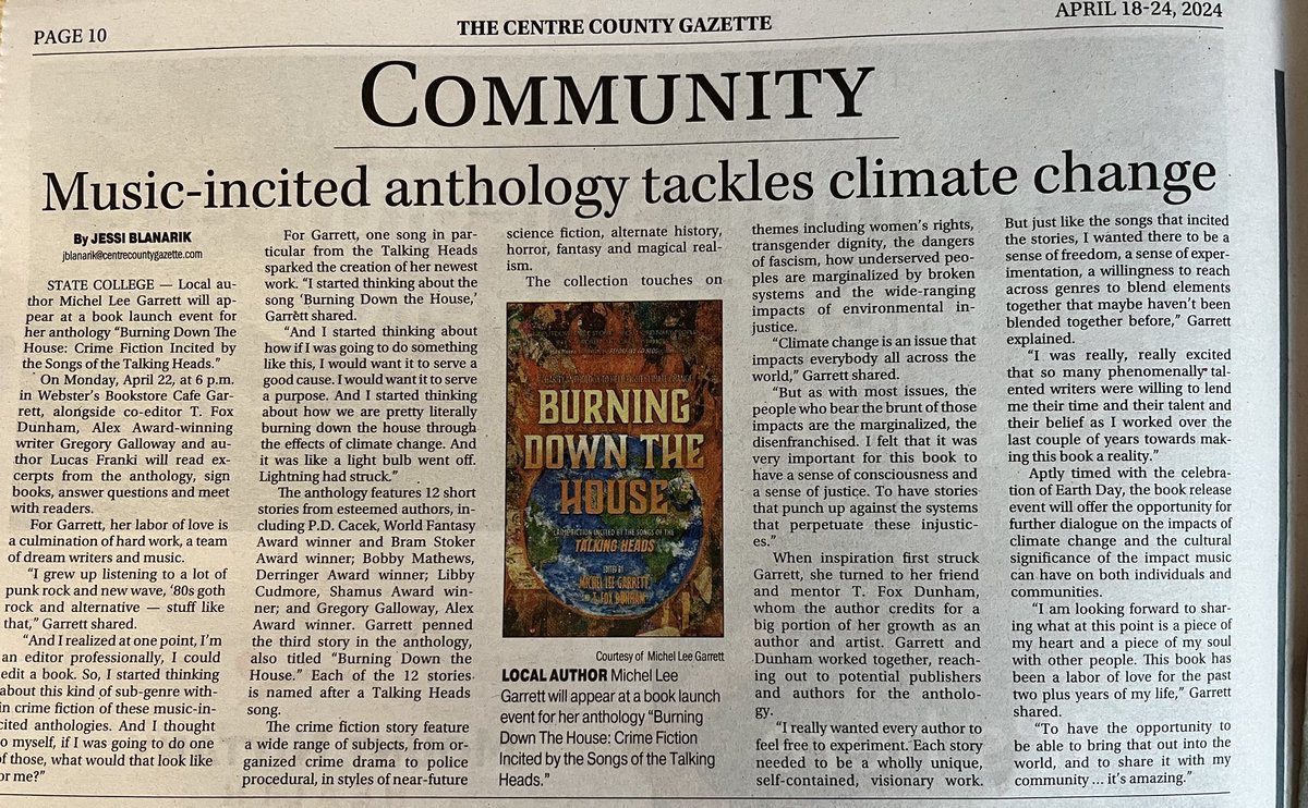 Ya girl made the local news today! BURNING DOWN THE HOUSE: Crime Fiction Incited by the Talking Heads! A charity anthology to help fight climate change! Launching Monday, Earth Day! Order here: shotgunhoney.com/books/burning-…