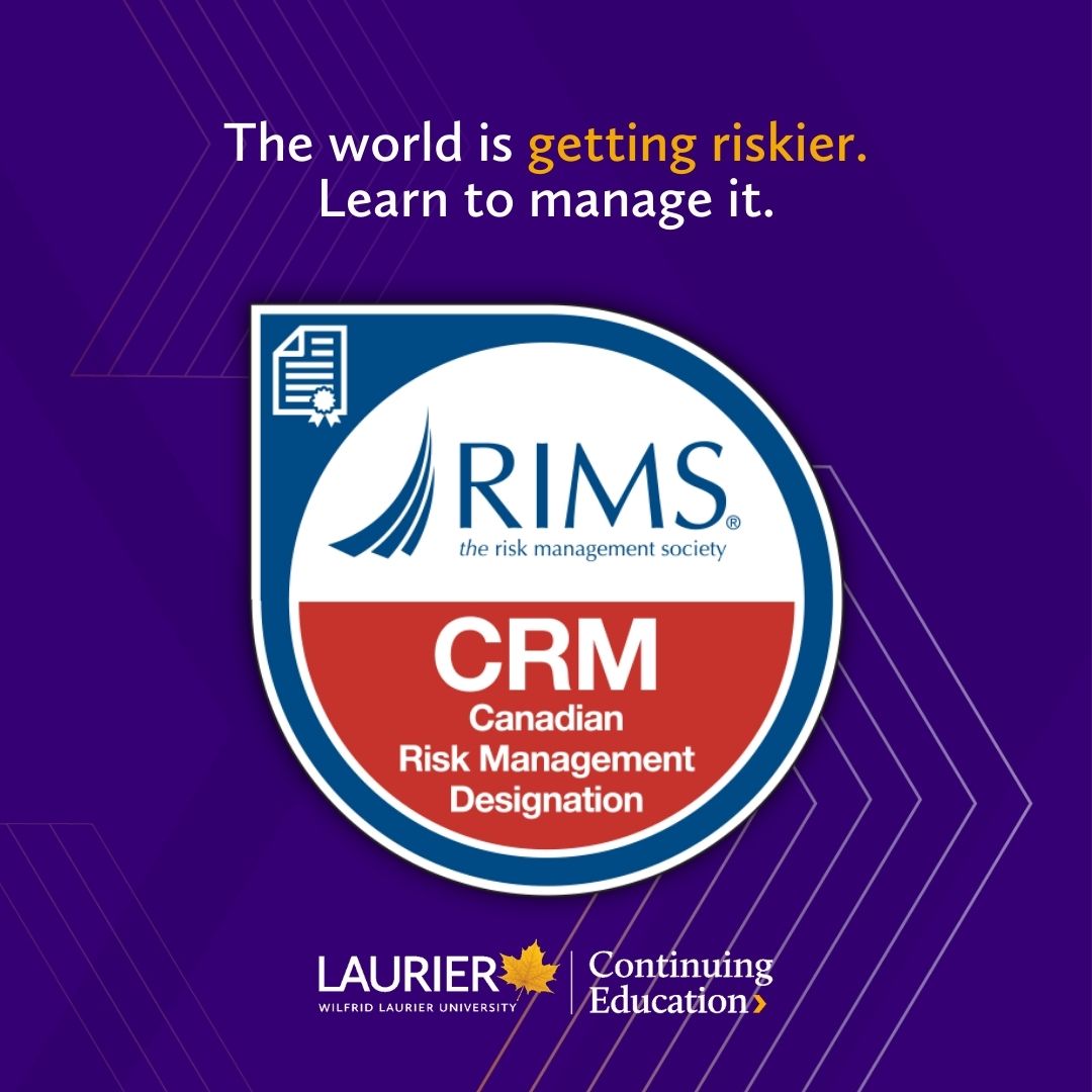 Jump into a new designation over the summer! Start earning your Canadian Risk Management (CRM) Designation online. Take one of three required courses at @Laurier. CRM 56: Risk Financing starts May 7. Details and registration 👇 continuingeducation.wlu.ca/search/publicC…