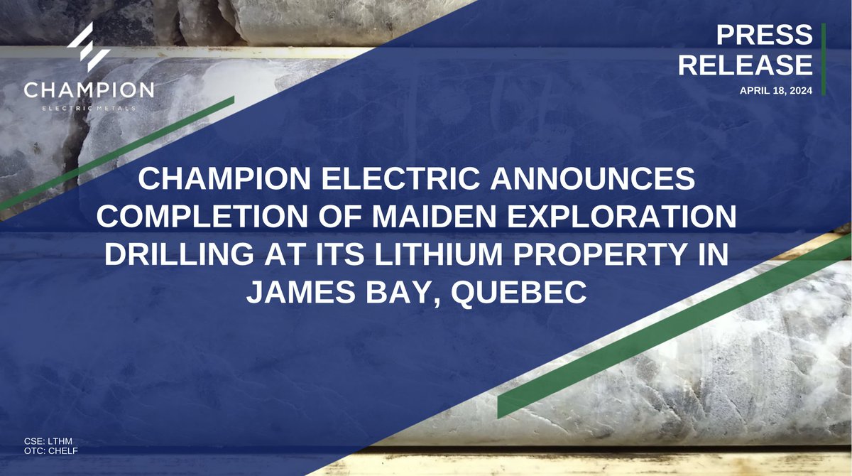 📰 NEWS → Champion Electric Announces Completion of Maiden Exploration Drilling at its Lithium Property in James Bay, Quebec 🔗 Read the full press release: champem.com/news/champion-… • Successfully completed 10 diamond drill holes totalling 2,263 metres. • Drilling…