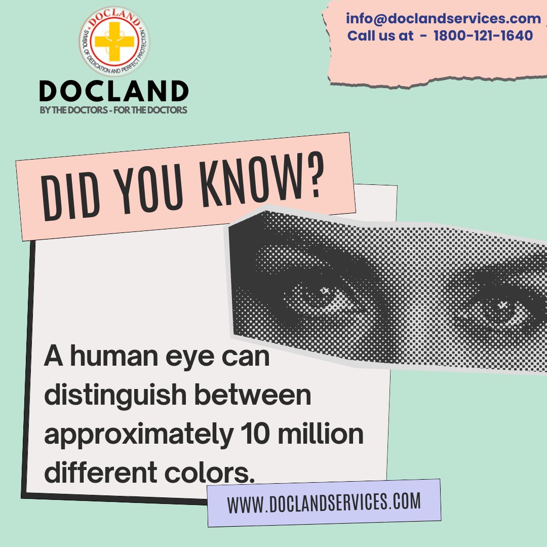 A human eye can distinguish between approximately 10 million different colors. 
Docland services
info@doclandservices.com 
Call us at -  1800-121-1640 

#medicalfacts#humanbody#trending#facts#reels#Facebook#EyeFacts#MedicalEyes#EyeHealth#FactsAboutEyes
#EyeCare#HealthyEyes