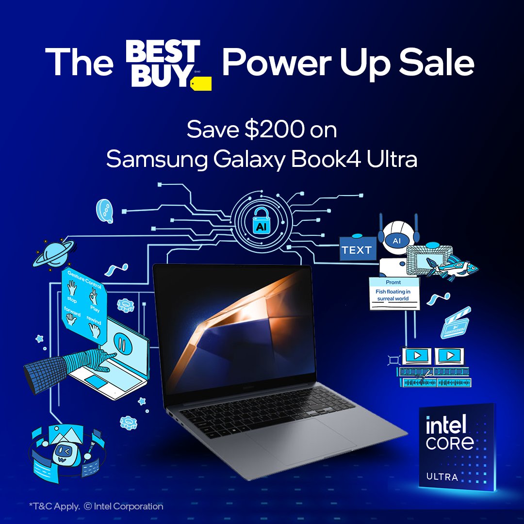 A premium computing experience for work, entertainment, multi-tasking and more! Get the Samsung Galaxy Book4 Ultra 16' touchscreen laptop powered by #IntelCoreUltra 7 at @BestBuyCanada and SAVE $200 during the Power Up Sale: intel.ly/3vUMR4o