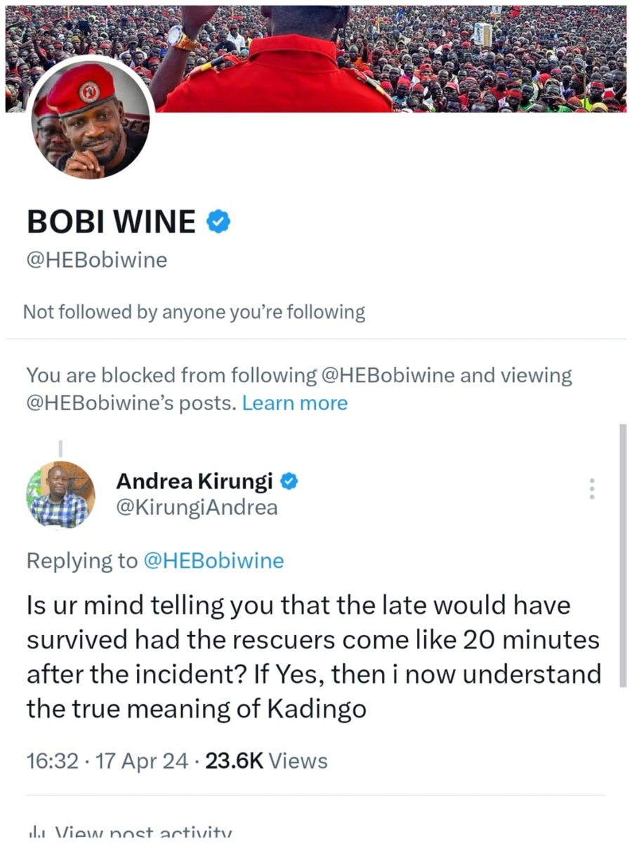 KirungiAndrea's tweet photo. So NUP Pulinsipo is so intolerant that just a mere comment to outreason him leads to him blocking me. Why not accept the challenge? You will make a worst dictator more than Napoleon and Adolf Hitler combined. Shame upon you BW. https://t.co/1YRjX8ICWw