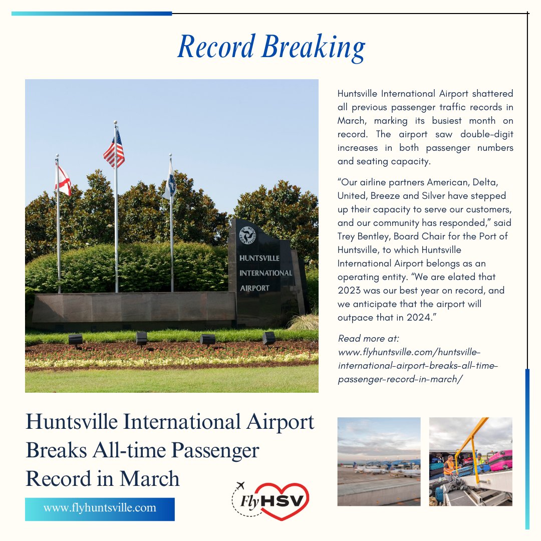 We broke an ALL-TIME passenger record in March! Thank you to our passengers who choose to fly HSV!

And an extra thank you to the 137,372 passengers flew through Huntsville International Airport in March 2024!

flyhuntsville.com/huntsville-int…