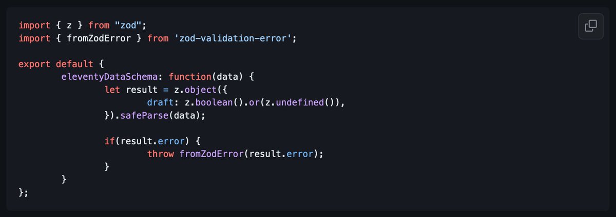 Coming soon to an alpha release near you: `eleventyDataSchema` lets you validate data from the data cascade: github.com/11ty/eleventy/… This example in a directory data file checks that the `draft` property is boolean: