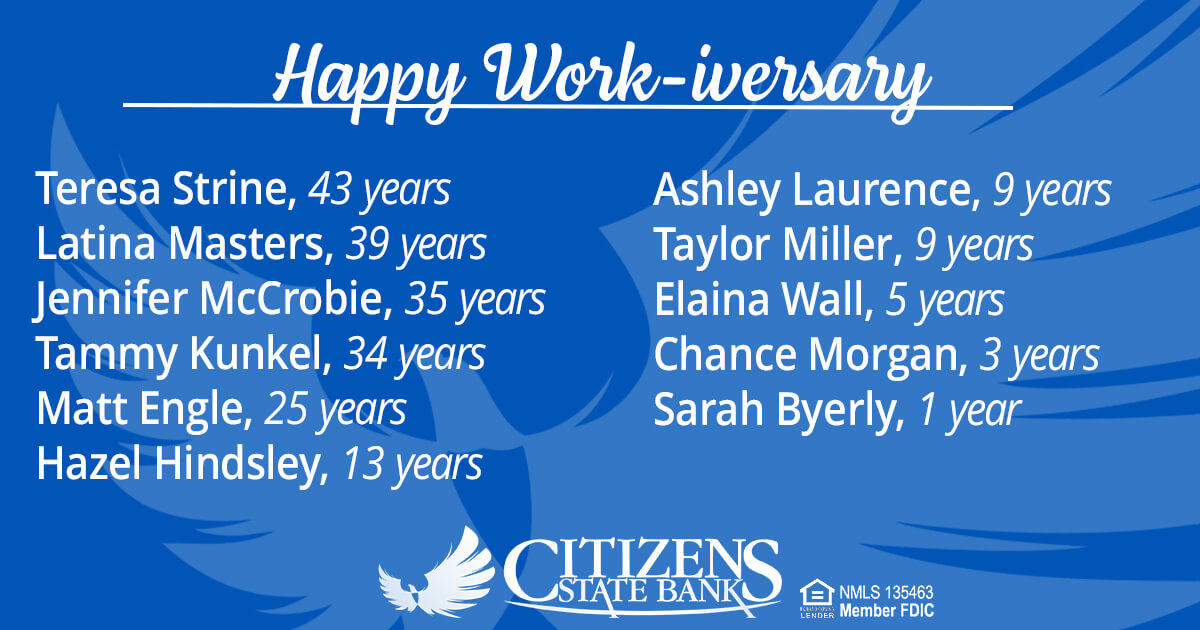 🎉We'd like to recognize the #TeamCSB associates celebrating a 'work-iversary' this month. We appreciate each and every one!👏🏽