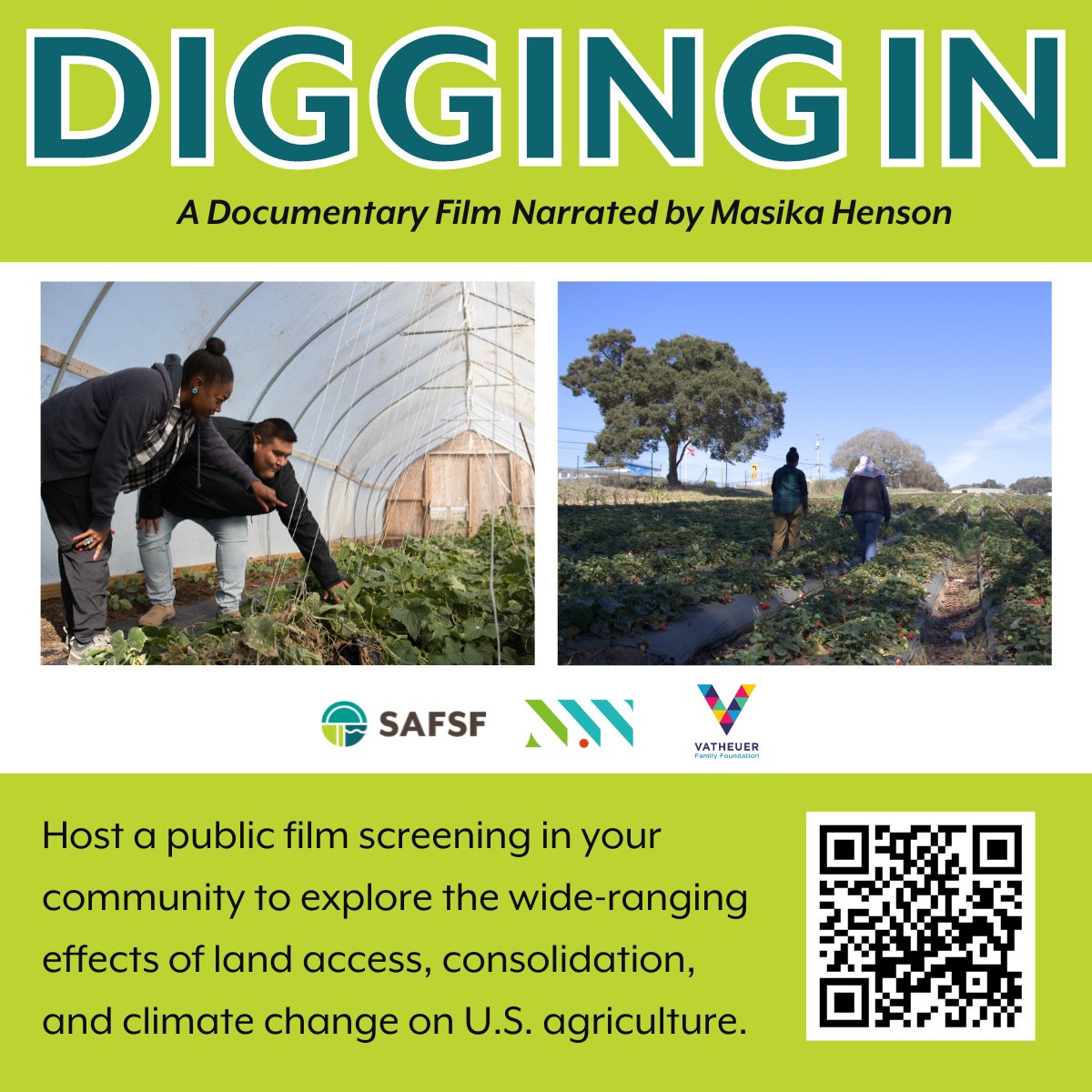 SAFSFunders's tweet photo. 📽️ #DiggingIn is now available for screenings!   

Our film presents glimpses of how land access, consolidation, &amp; climate change affect our ag, food, &amp; fiber system. Sign up to host a virtual or in-person screening of your own.  

Learn more  ⬇️
https://t.co/4IuaZnk69o https://t.co/jZZUpIaDo5
