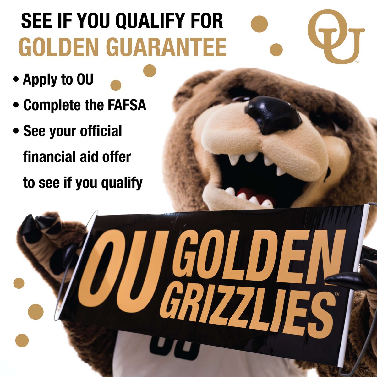 Oakland University is offering the Golden Guarantee! This is an opportunity for free tuition for eligible incoming first-year students. Apply to OU and complete the FAFSA to see if you qualify. Visit oakland.edu/tuition-guaran… to learn more! #FutureGrizzly