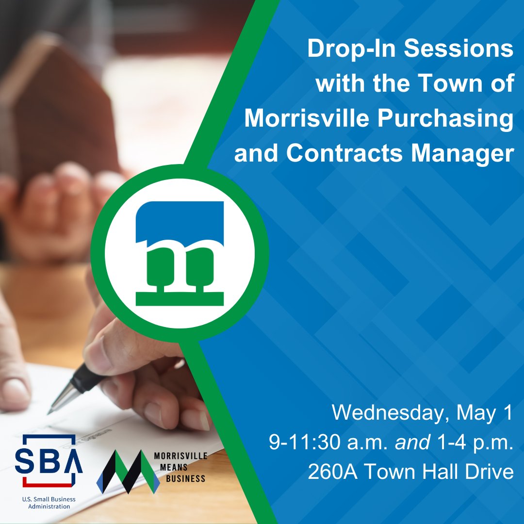 Are you a small business looking to partner with the Town of Morrisville? Curious about the steps required to do business with us? Join us for our upcoming Drop-in Sessions with the Purchasing and Contracts Manager! Learn more and register at bit.ly/4aVrU8g