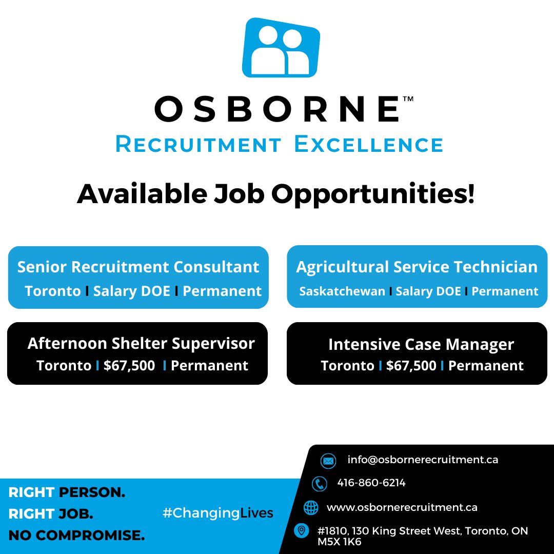 The following job opportunities are available with us at Osborne!

Call 416-860-6214, email info@osbornerecruitment.ca or visit our website to find out more about these opportunities!

#Osborne #RecruitmentExcellence #ChangingLives