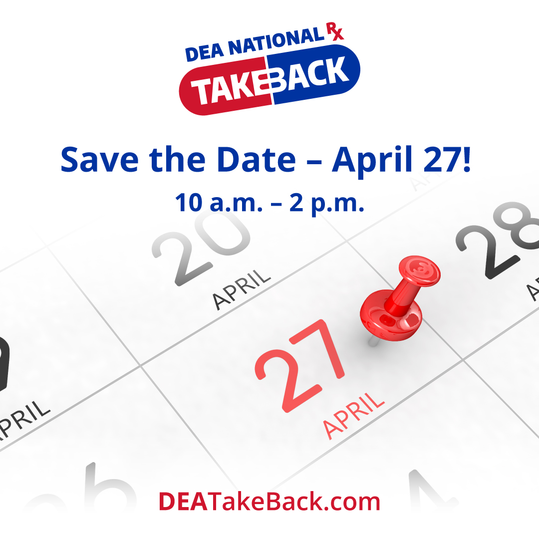 Dispose of your unneeded Rx drugs, no questions asked! #TakeBackDay is Saturday, April 27, 10am-2pm. Find a collection site near you at bit.ly/3PZ2izp