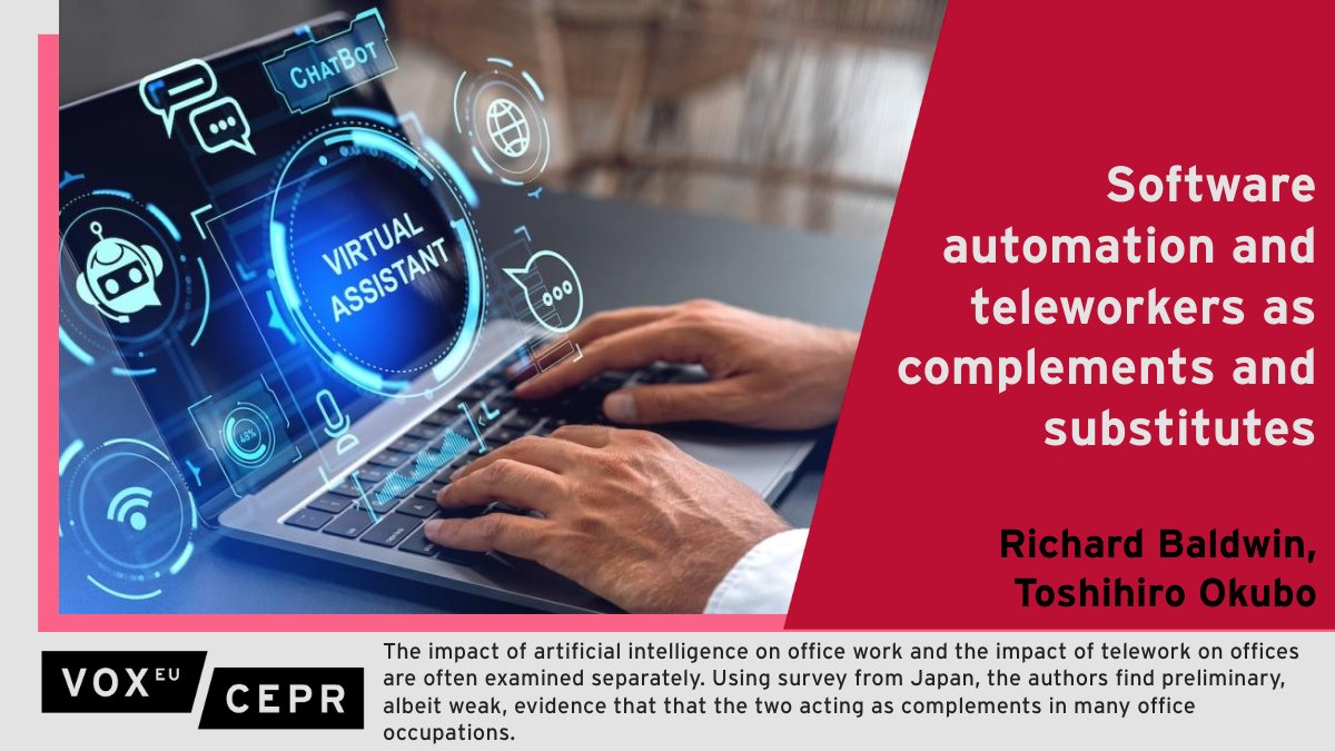 This column uses data from Japan to examine whether #AI and ‘remote intelligence’ are complements or substitutes. The authors find preliminary evidence that the two act as complements in many office occupations. @BaldwinRE @IMD_Bschool, T Okubo @KeioGlobal ow.ly/lSxC50R25cb