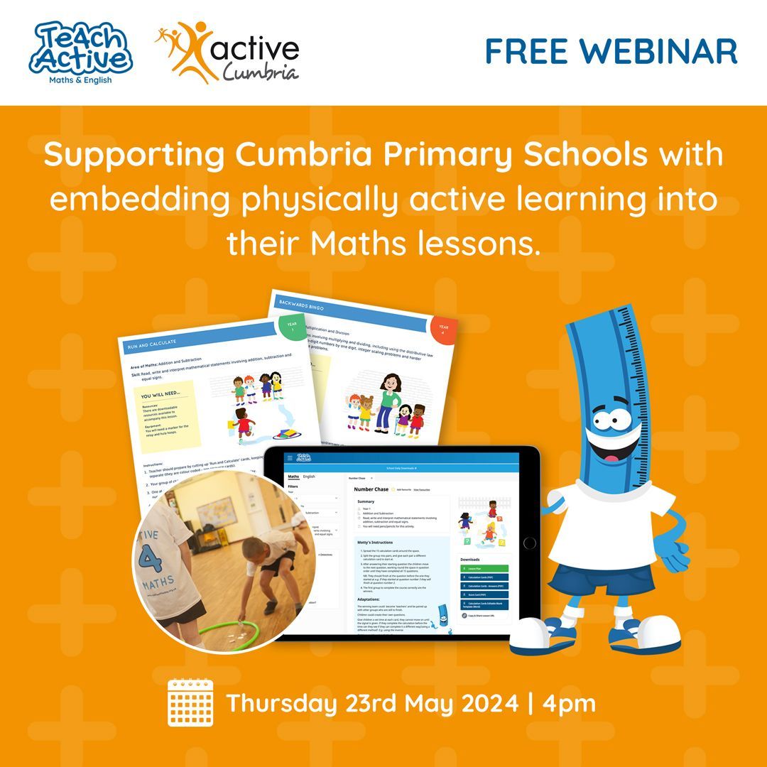 Calling all Cumbria Schools! 📣 We have an exciting FREE Webinar in partnership with @ActiveCumbria 🏃‍♂️ Embedding physically active learning into their Maths lessons! 🔗 buff.ly/4azJfnB Book your spot today ✅ #CumbriaTeachers #CumbriaPrimarySchools #CumbriaSchools