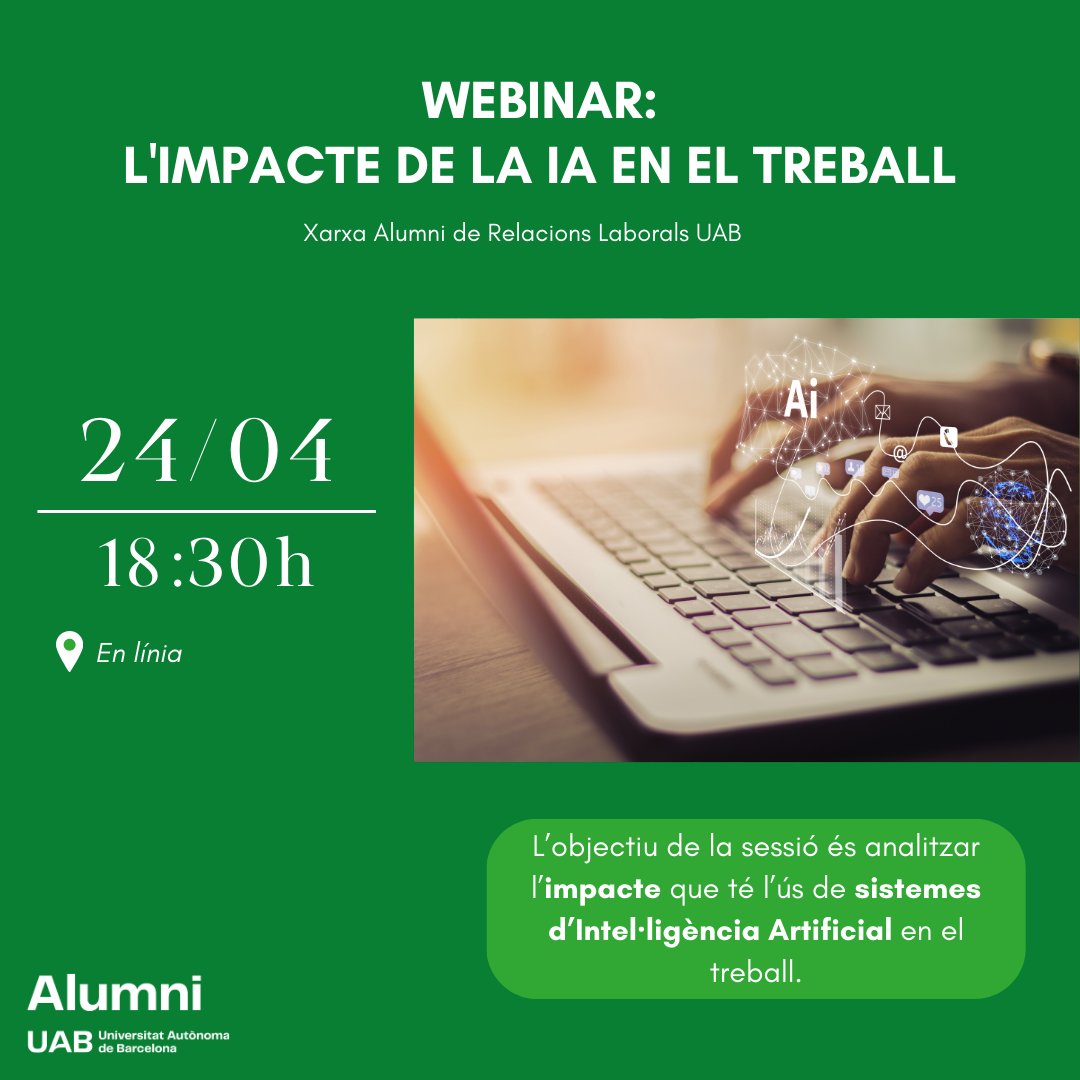 💚 Sessió de la Xarxa Alumni de Relacions Laborals sobre: L’impacte de la IA en el treball. 👉Serà impartida per la Sra. Anna Ginés i Fabrellas, professora de Dret del Treball d’Esade. 🗓️ 24 d'abril de 2024 a les 18:30h en línia.