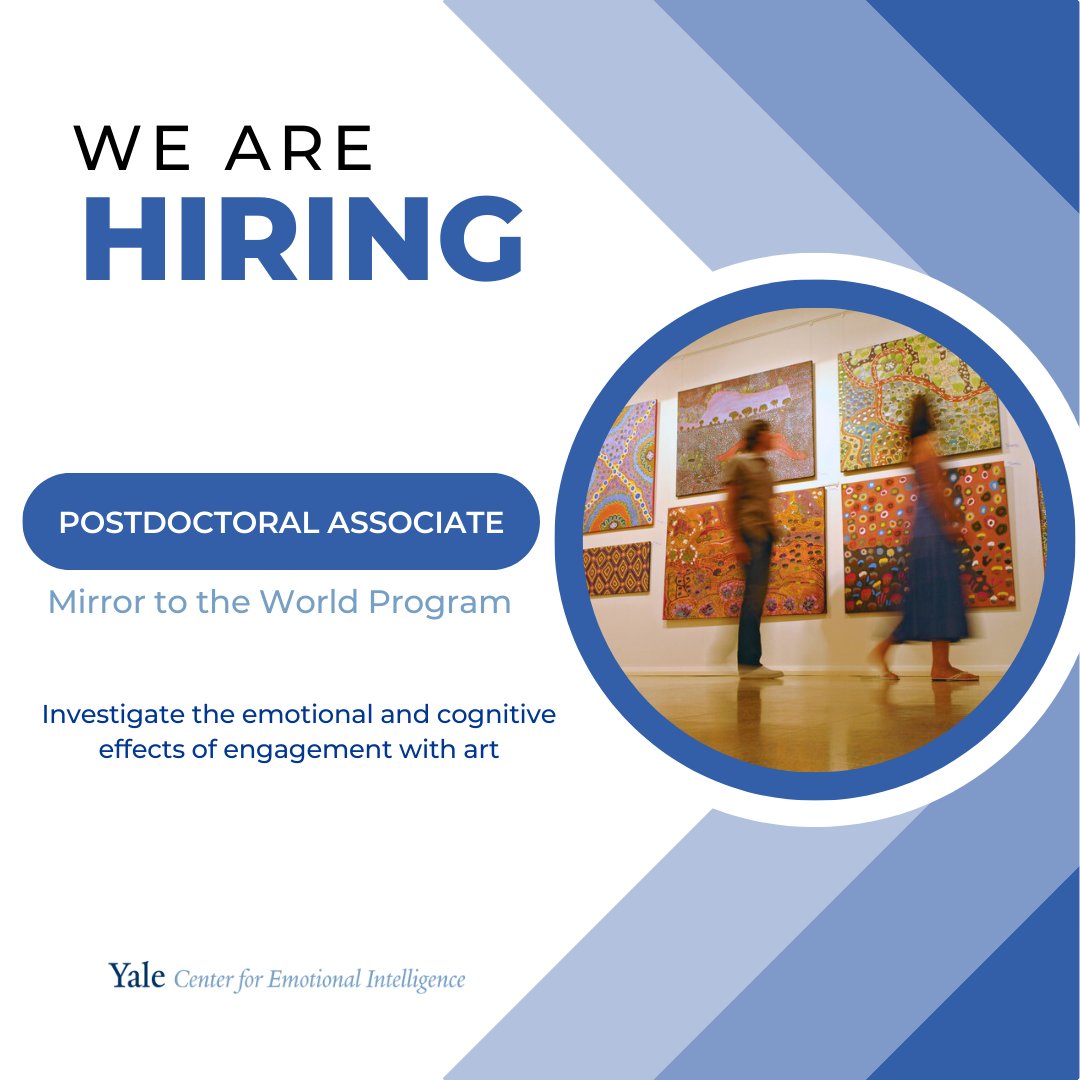 Join us at @yaleemotion! We are seeking a driven postdoctoral associate to help shape the future of emotional skill development through leading research that explores the emotional & cognitive impacts of art engagement. Learn more and apply by April 30! ow.ly/qCh950RaFfi