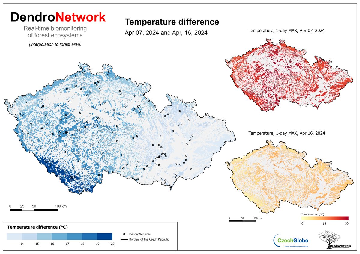 czechglobe_xylo's tweet photo. 🌡️Witness April's wild weather ride in 🇨🇿! With #DendroNetwork data showing a dramatic 22°C swing in a short time, it's a classic tale of April's unpredictability, heightened by climate change. From scorching highs to frosty lows, every extreme tells a story #ForestMonitoring https://t.co/ZssnmoEF1J