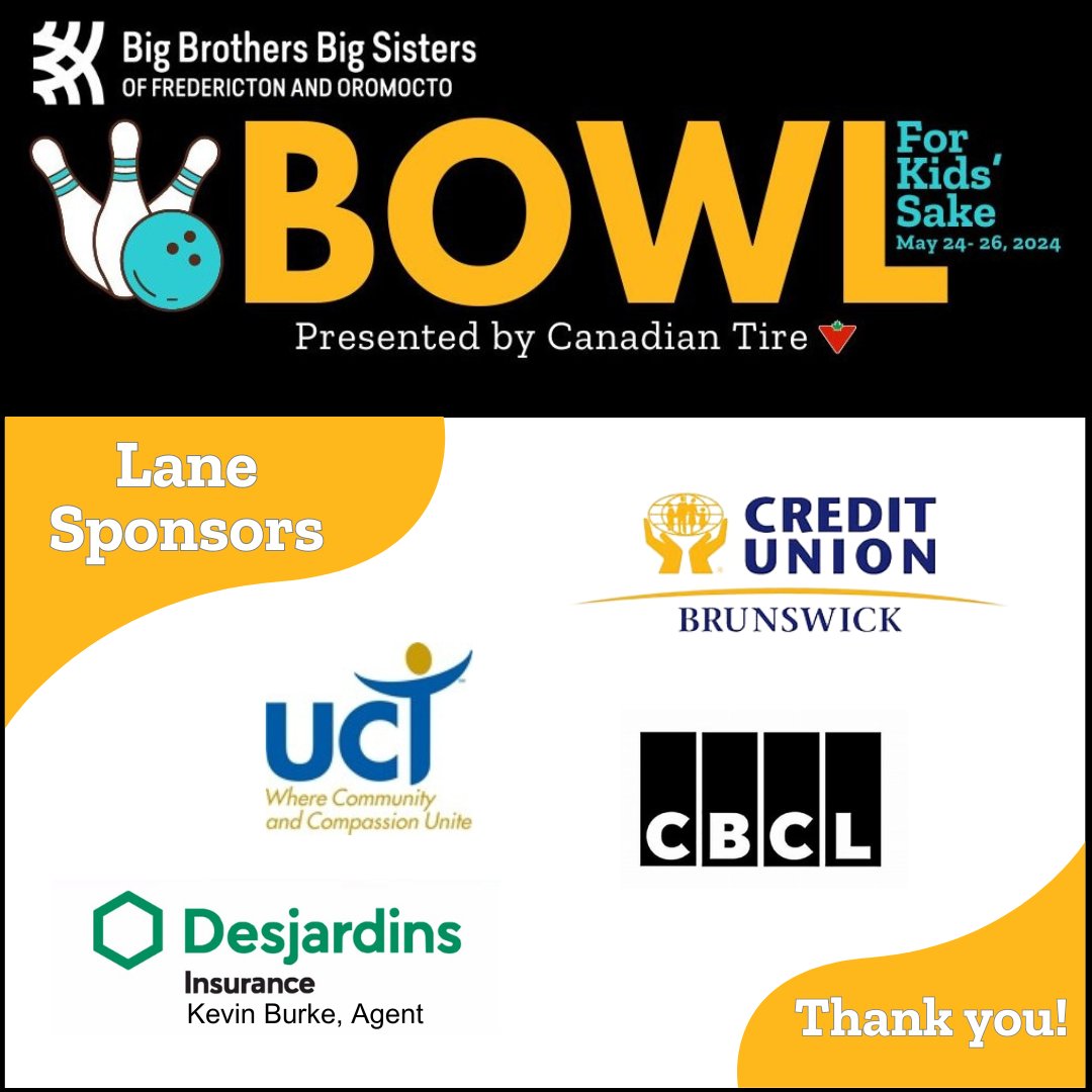 ✨BIG THANKS to BrunswickCU.com, UCTfredericton.org, @cbcllimited & @DesjardinsINS -Kevin Burke✨ for supporting our 45th Bowl for Kids' Sake this May! Your annual sponsorship helps us sustain our mentoring program for kids!💛 To sponsor, please call 506.458.8941.