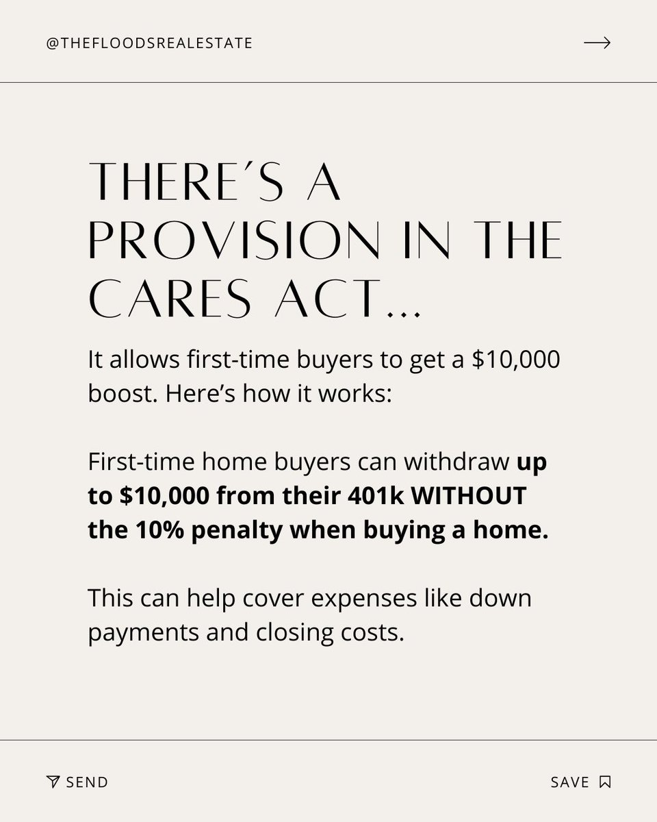 Is this really true?!

YES. Get this - there is a provision in the CARES Act that allows first-time buyers to get a $10,000 boost. Here's how it works.

First-time home buyers can withdraw up to $10,000 from their 401k WITHOUT the 10% penalty when buying a home.

#homebuyingtips