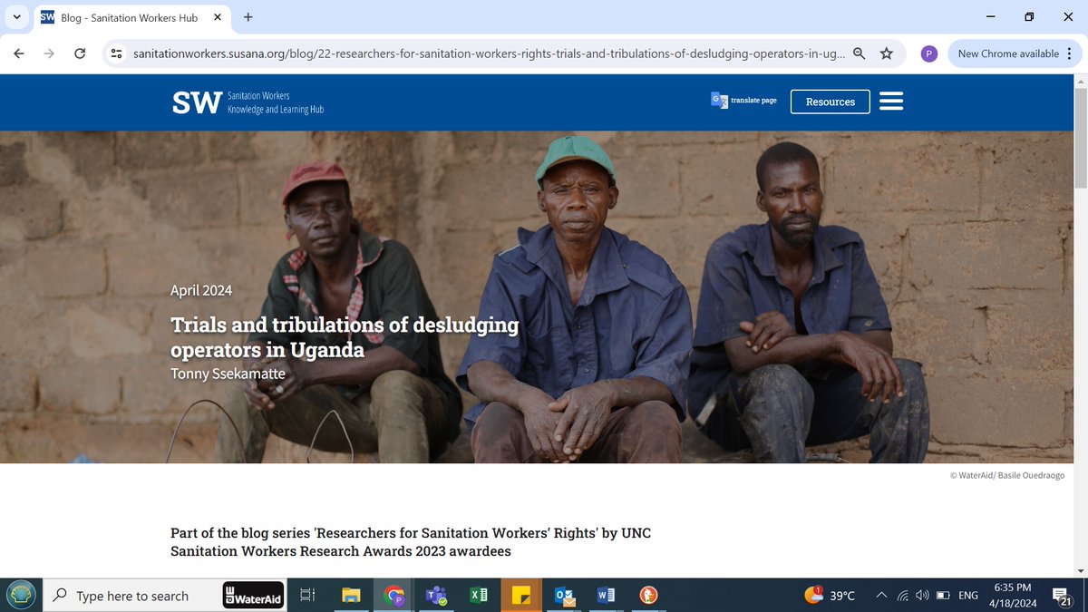 🚨 Check out the latest in the 'Researchers for sanitation workers’ rights' #blog series by UNC #SanitationWorkers #Research Awards 2023 winners. 🏆 Dive into @TSsekamatte's insights on the hurdles confronting #desludgingoperators in Uganda! 👷‍♂️👷‍♀️ Visit t.ly/uH0fz