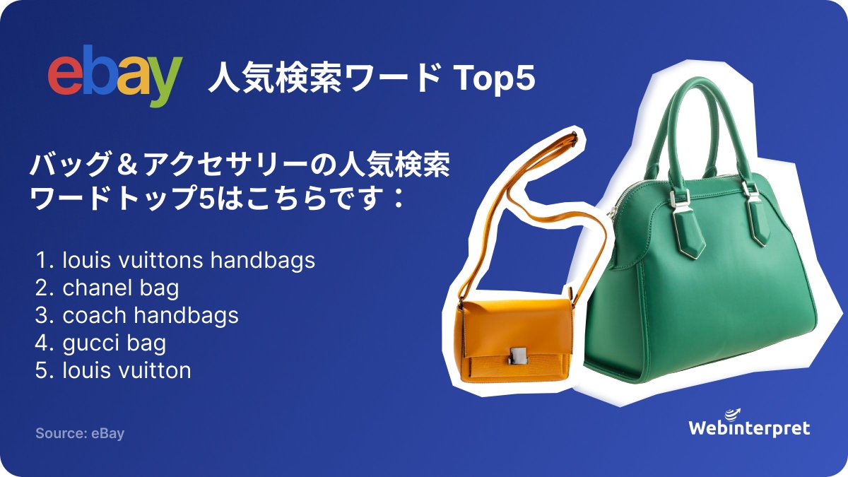 Webinterpret_JP's tweet photo. eBay は、https://t.co/qfNYZwueFJ で最も人気のある検索用語のリストを発表しました。
各カテゴリ内で最も人気のある検索語のトップ 5 を皆さんと共有したいと思います。 本日はバッグ＆アクセサリーからスタートです！
この情報を使用して販売を計画し、戦略を改善しください。 https://t.co/n3m7wLRJ1y