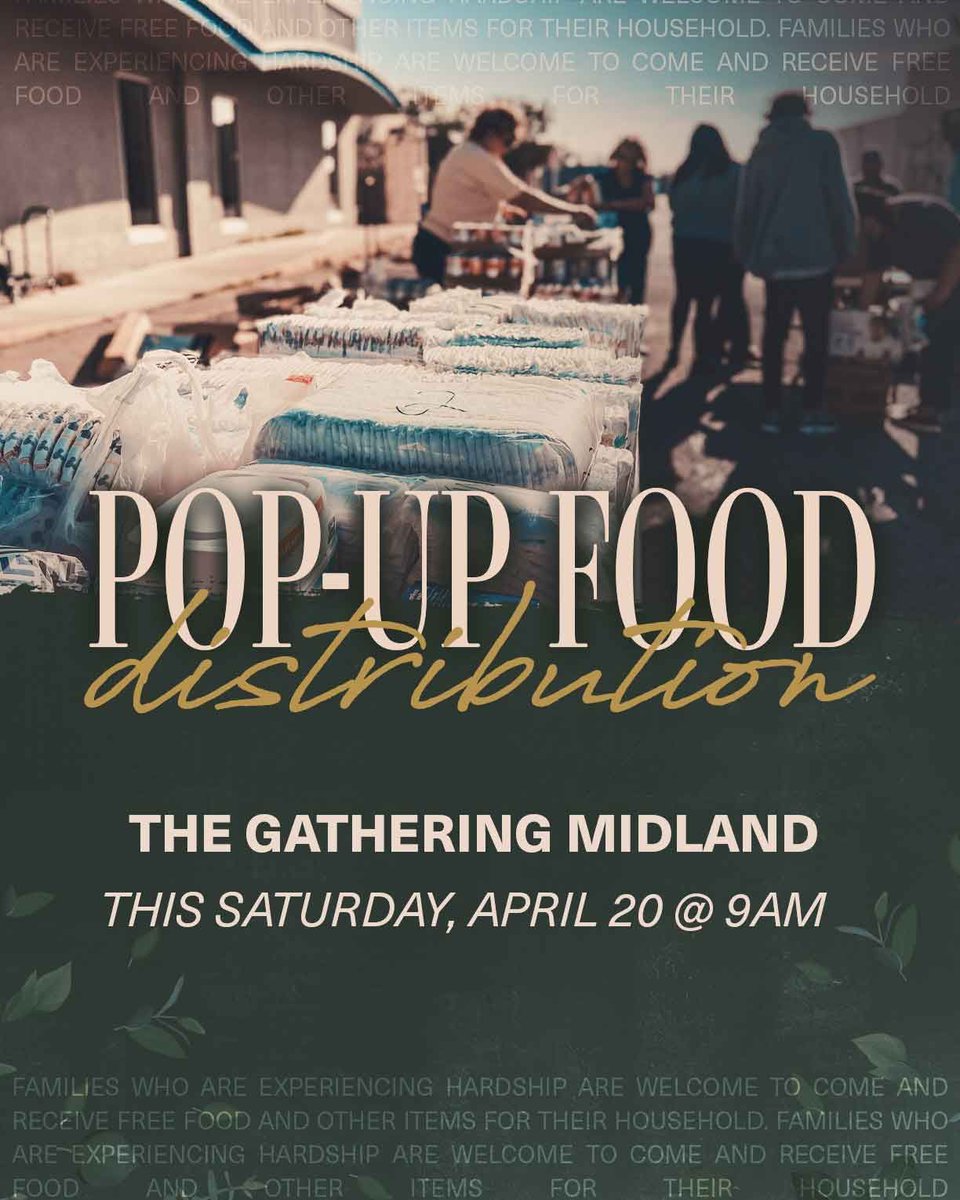POP-UP FOOD DISTRIBUTION IS THIS SATURDAY APRIL 20 @ 9AM! 📦

Families who are experiencing hardship are welcome to come and receive free food and other items for their household 🍲

📍3303 W Illinois Ave. Midland, TX
🤝 If you would like to volunteer, text 'LOVE' to 432-242-8242