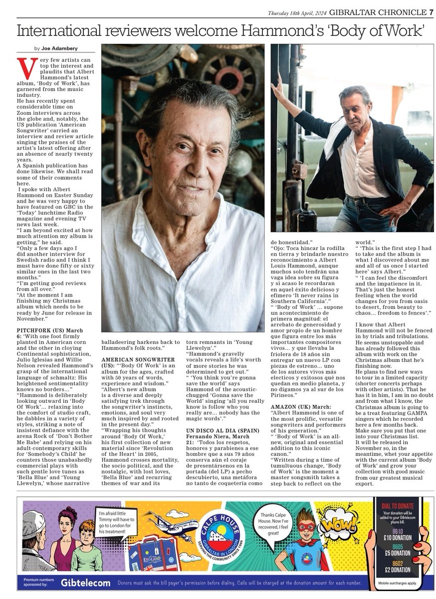 Today in the Gibraltar Chronicle #AlbertHammond #BodyofWork