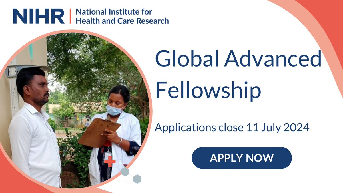 Exciting Opportunity! @NIHRglobal Global Advanced Fellowship is open for applications. This £750,000 award for post-doctoral researchers will fund research projects, training and development & institutional capacity strengthening. Apply here: nihr.ac.uk/funding/nihr-g…