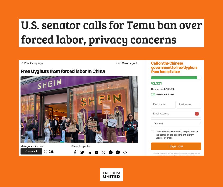 'In a letter to [...] Joe Biden [...], Sen. Tom Cotton (R-Ark.) described Temu as a “pipeline of dumped, counterfeit, and slave labor products from China [...].” Sign our petition to stop Uyghur forced labor today! ow.ly/n5V450RiIGj