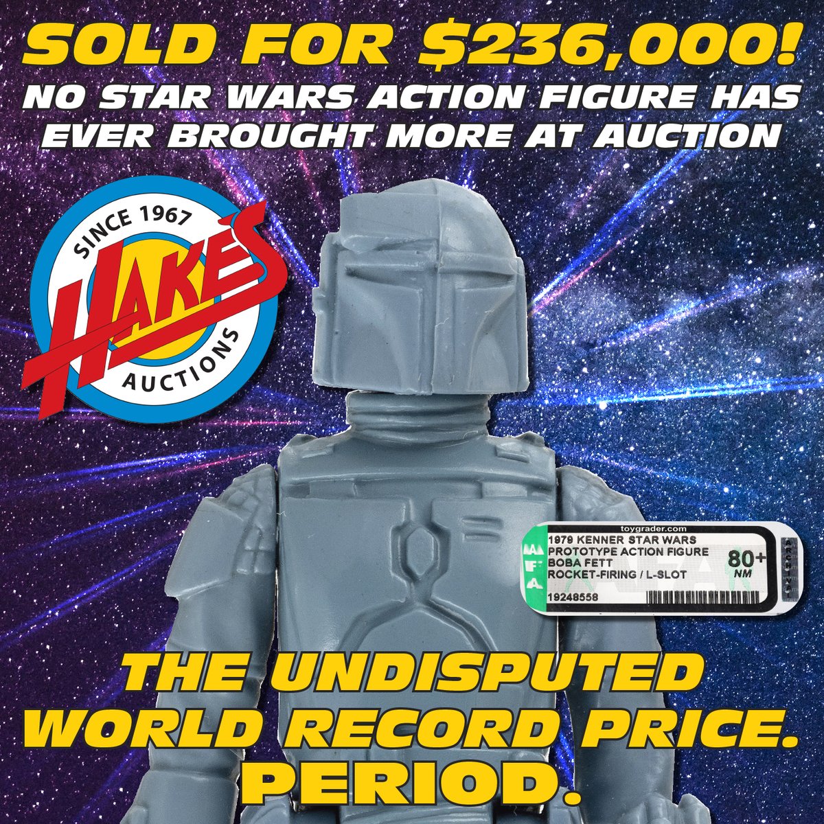 Hake's gets world record prices. Take this record-setting Rocket-Firing Boba Fett prototype we sold for $236,000! The results speak for themselves. Hake's is THE place for @starwars. Contact us today to sell yours! #StarWars #BobaFett #actionfigures #collector