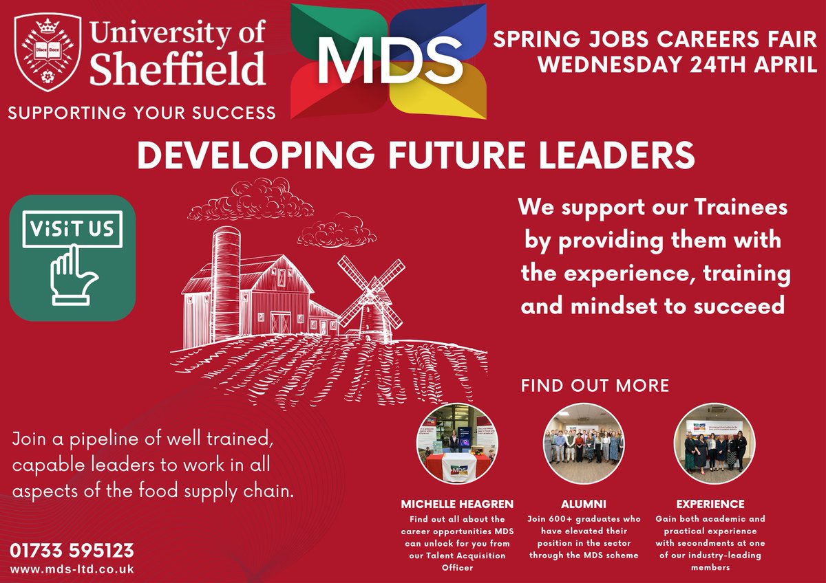 We are visiting @sheffileduni Spring Jobs Careers Fair next week (Wednesday 24th April). Come and visit Michelle and find out how you can start your journey to becoming a leader in the agri-food industry. #UniversityofSheffield #UOS #Sheffield #Leadership