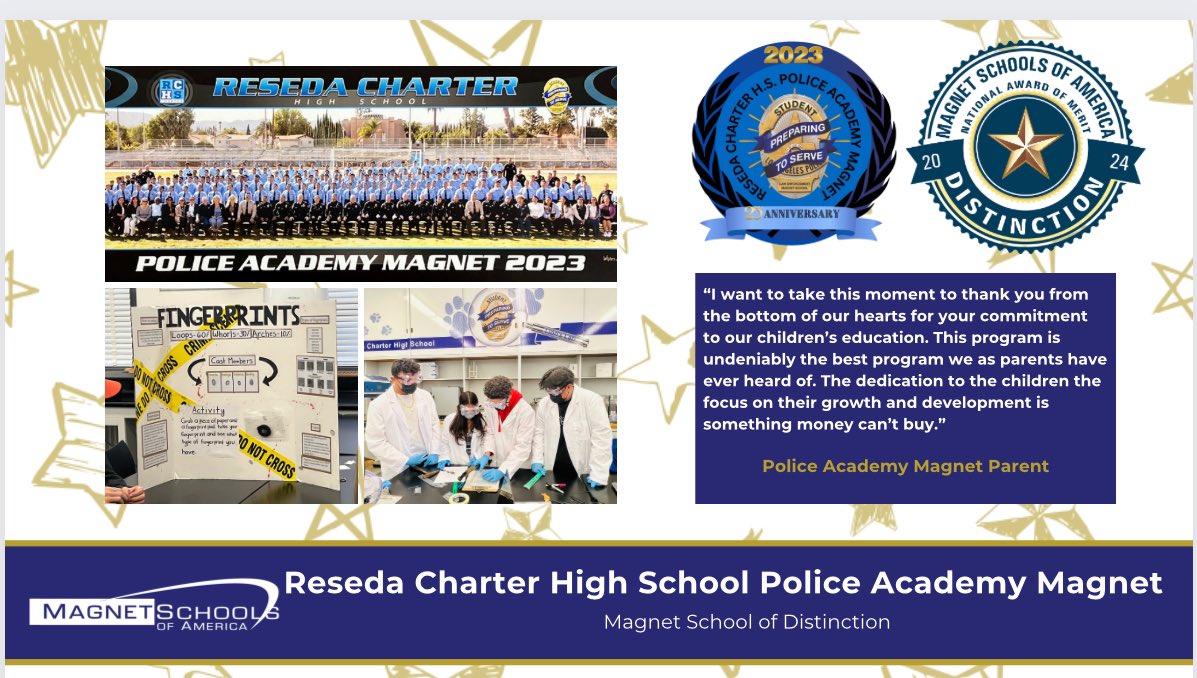 RHpoliceacademy's tweet photo. Congrats to @RHpoliceacademy on your 8th @MagnetSchlsMSA award! #programofdistinction #nationalrecognition @ResedaCharter @LAUSDMAGNETS @LASchoolsNorth @LAPDOutreach @LASPDOfficial @MagnetDirector @PioneerBoston @CADeptEd @ResedaCOS https://t.co/zheVVcRPgc