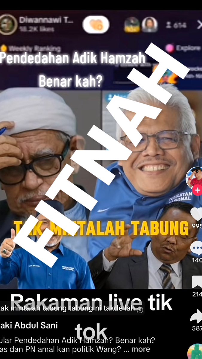 aifadhli87's tweet photo. Tersebar di TikTok, audio fitnah yang direka kononnya suara adik kepada YB Dato' Seri @hamzahzainudin_ bagi melaga-lagakan pemimpin dalam Perikatan Nasional. 

Padahal tiada seorang pun adik kepada YB Dato' Seri Hamzah yang terlibat dalam politik. 

Ini adalah fitnah jahat daripada pihak yang defisit nilai moral lebih-lebih lagi ketika kita baru sahaja menyambut Syawal yang mulia.

Lebih malang lagi, ada juga media seperti @MalaysiaGazette yang terpancing dengan jerat fitnah ini dan tidak membuat semakan terlebih dahulu. Shame on you. Tunggu tindakan seterusnya.