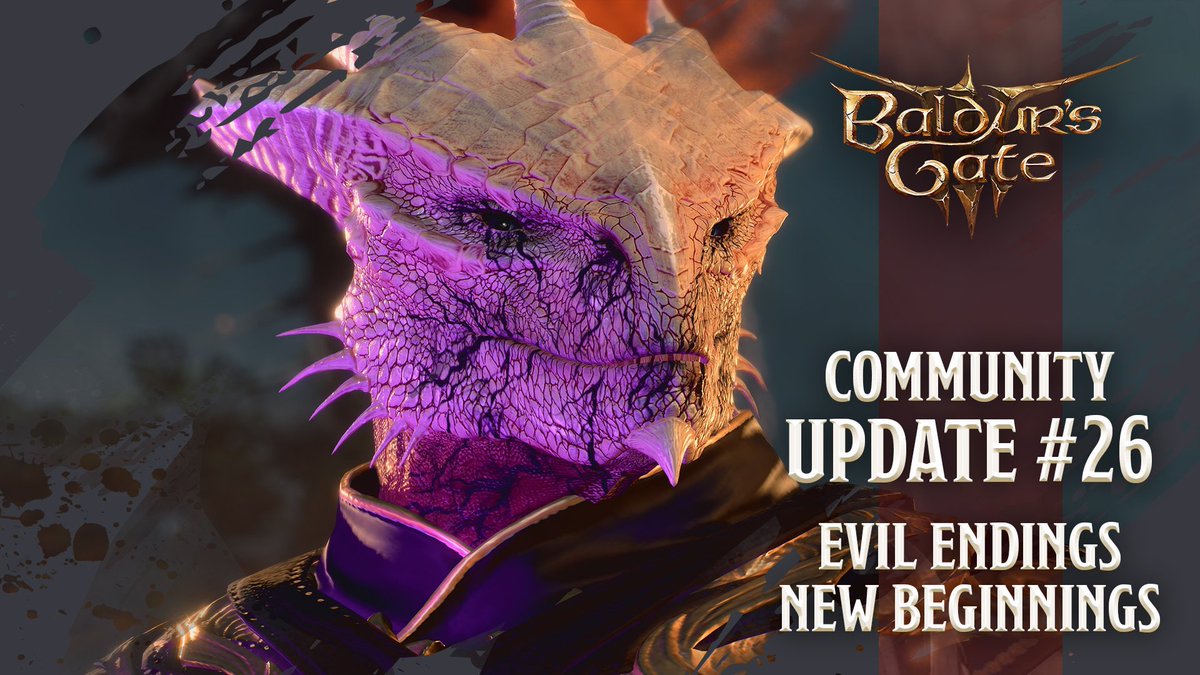 baldursgate3's tweet photo. Find out what's next for Baldur's Gate 3 in Community Update #26 - Evil Endings, New Beginnings.

👁️ Sneak Peek at Improved Evil Endings
💫 Patch 7 and Beyond
✉️ Closed Beta
💬 A Message from Swen

Read more: https://t.co/yioQoyD2P2 https://t.co/y3wZ4GCksD
