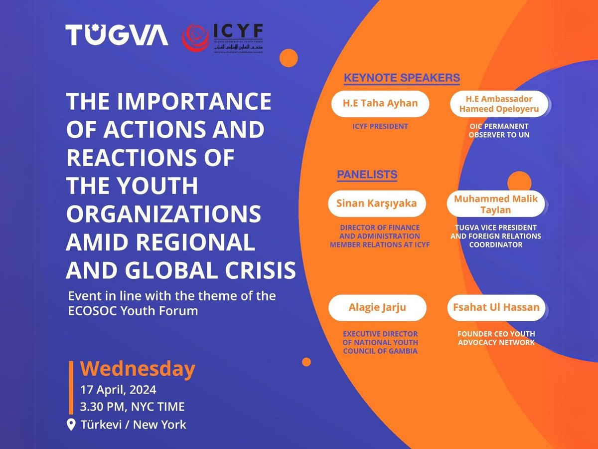 📌New York Türkevi / 2024 ECOSOC Gençlik Forumu 

@tugvaTR ve @ICYF_Official ortaklığıyla düzenlediğimiz 'Bölgesel ve Küresel Krizde Gençlik Örgütlerinin Eylem ve Tepkilerinin Önemi' konulu etkinlikte; dünya çapındaki sivil toplum kuruluşları, Filistin meselesi ve gençlik…