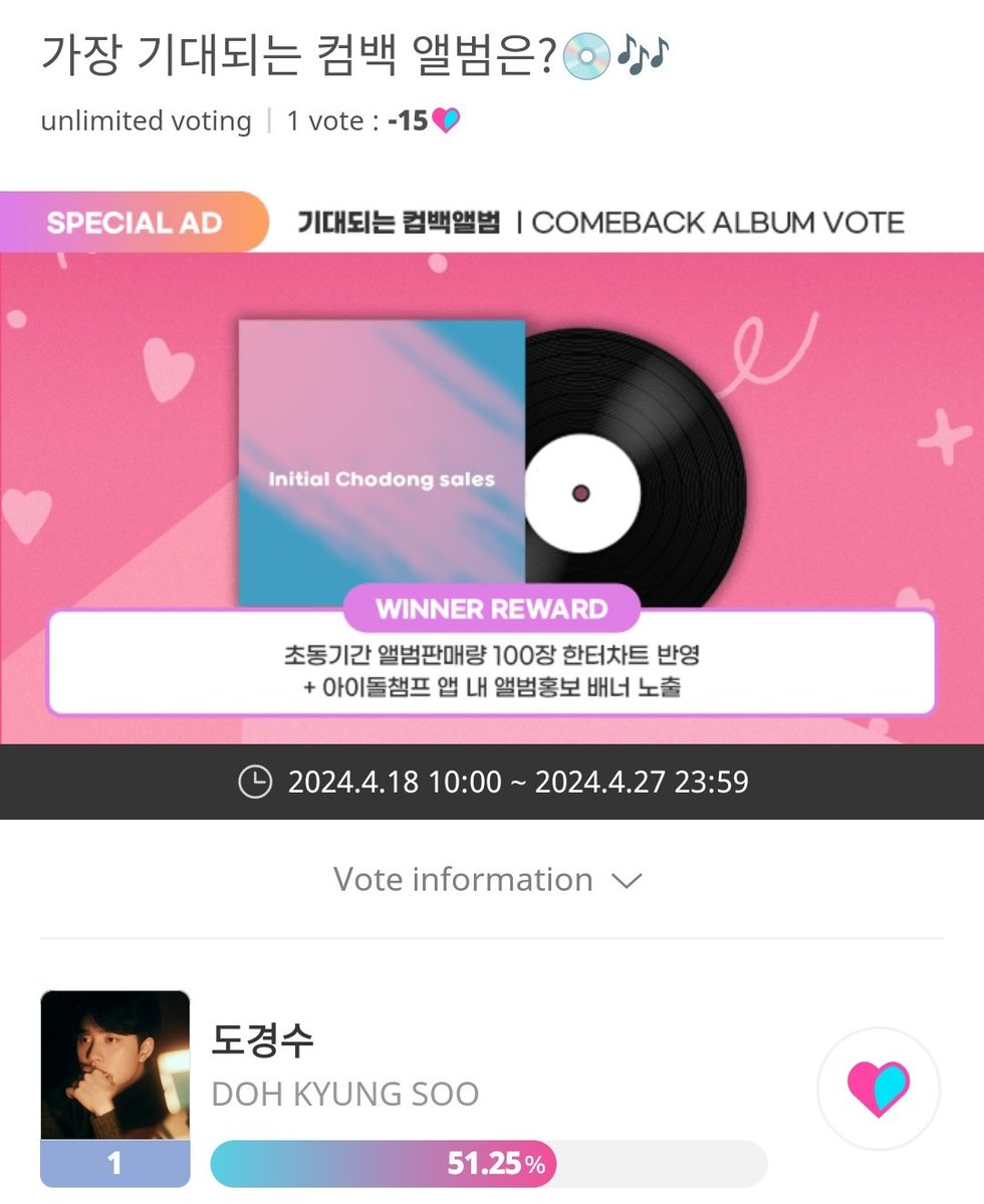 Doh Kyungsoo is nominated for COMEBACK ALBUM VOTE on Idolchamp 🗳️ Current Rank #1 1 vote - 15 🩵❤️ Ends 🔚 04/27 🎁 Reward: - Promotion AD on IDOLCHAMP - Addition of 100 albums to their Chodong Record promo-web.idolchamp.com/app_proxy.html… ⭕ Please drop the 🩵 only for now. #도경수_성장