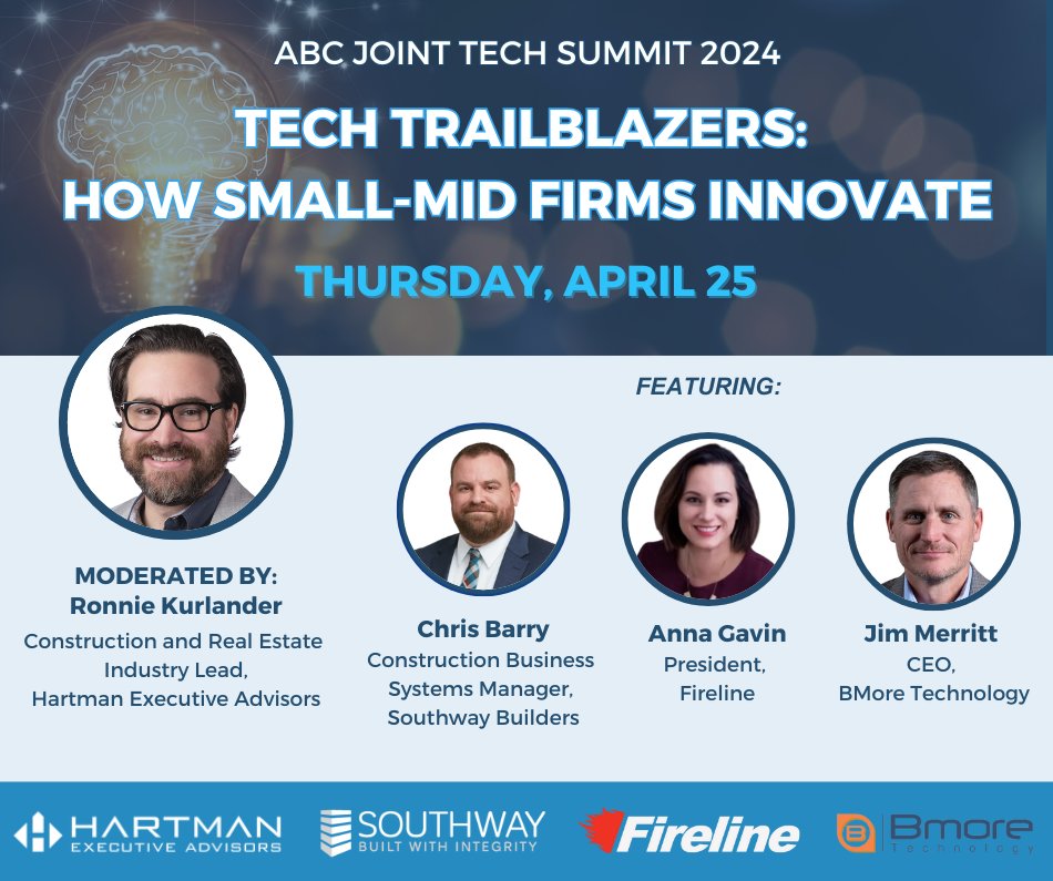 Don’t miss this session at ABC Joint Tech Summit! Featuring @southwaybuilder, @FirelineCorp, @HartmanAdvisors and @BaltTechGroup.

We hope to see you there!@ABCMW_News @ABCChesapeake @ABCVA @ABCBaltimore

 #TechnologyLeadership #ITLeadership #ConstructionTechnology #Construction