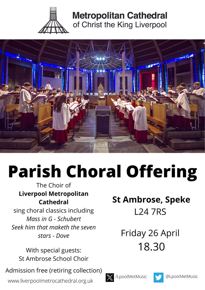 On Friday 26 April @LiverpoolMetMusic will visit the Church of St Ambrose RC Church, Speke, to present a Parish Choral Offering. All are welcome to come and enjoy an hour of beautiful music. The offering begins at 18.30 and admission is free (with a retiring collection.)