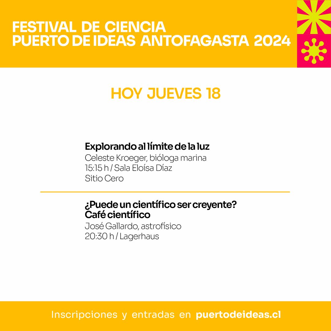 ¡Hoy comienzan las actividades de #PuertodeIdeasAntofa2024 🎉! Imperdibles charlas sobre variados temas científicos y la actividad inaugural del #PaseoPorLaCiencia2024 junto a @ckelarvolcanes en el Sitio Cero - Puerto de Antofagasta 👈 Conoce más 👉 bit.ly/3Pi9VR9