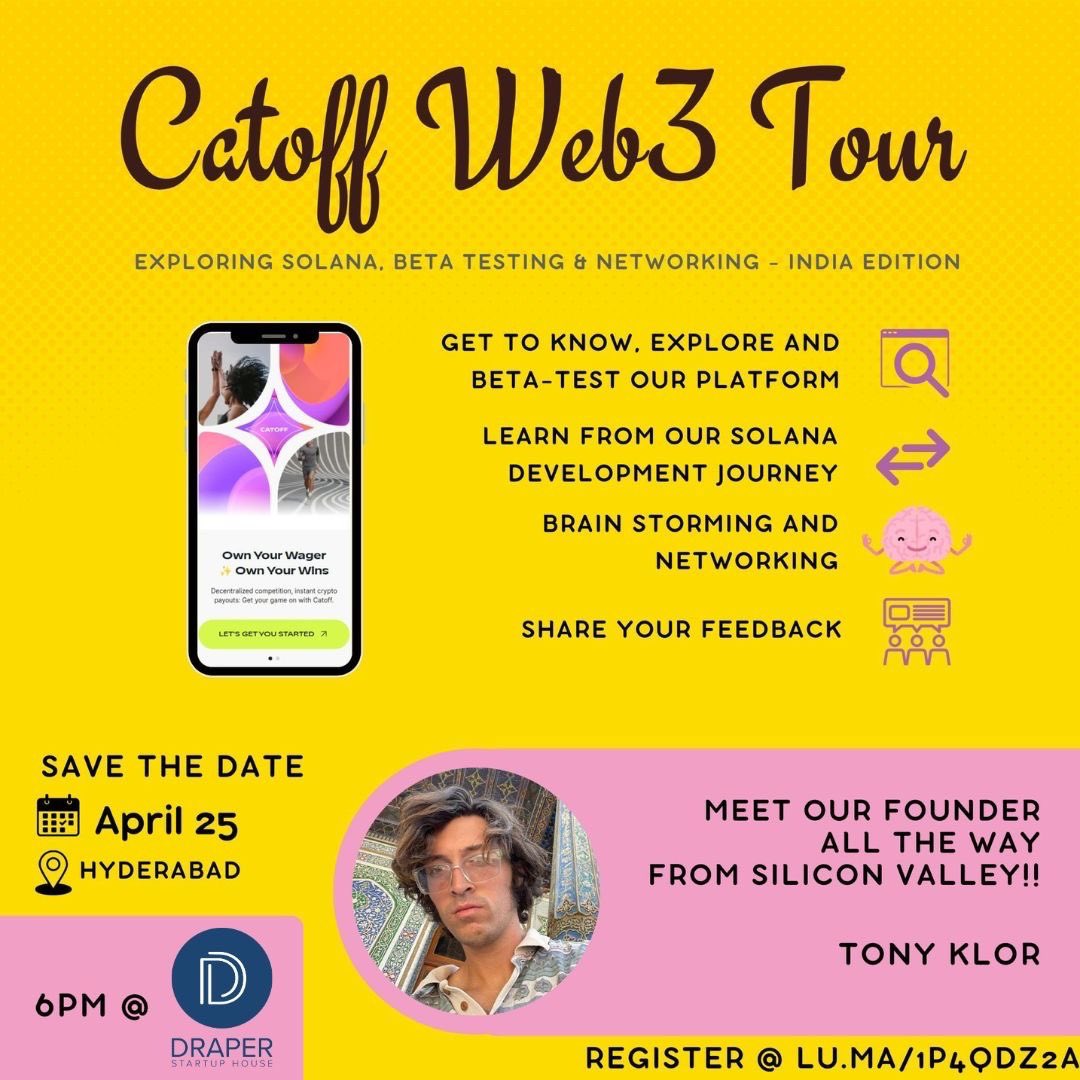 🚀What’s good Hyderabaddies!🎉
Strap in for the #CatoffWeb3Tour: Hyderabad Edition – Dive into Solana, beta test our platform, and let's turn bugs into features or at least dank memes!😂
Secure your spot now and let's make tech history together! lu.ma/1p4qdz2a
@dsh_india