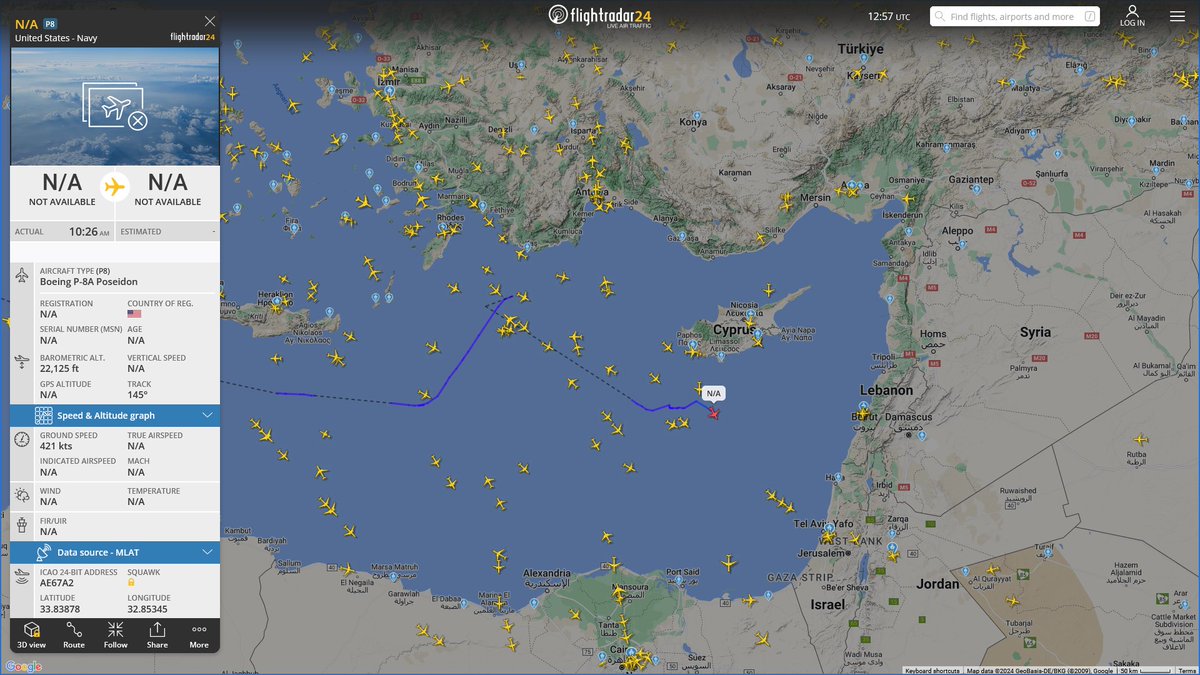 Apr. 18, 2024
#Naval Air Station Sigonella #Mediterranean Sea #Israel-Lebanon-Syria offshore

#NoCALLSIGN #AE67A2 / #AE679A USN P-8A Poseidon