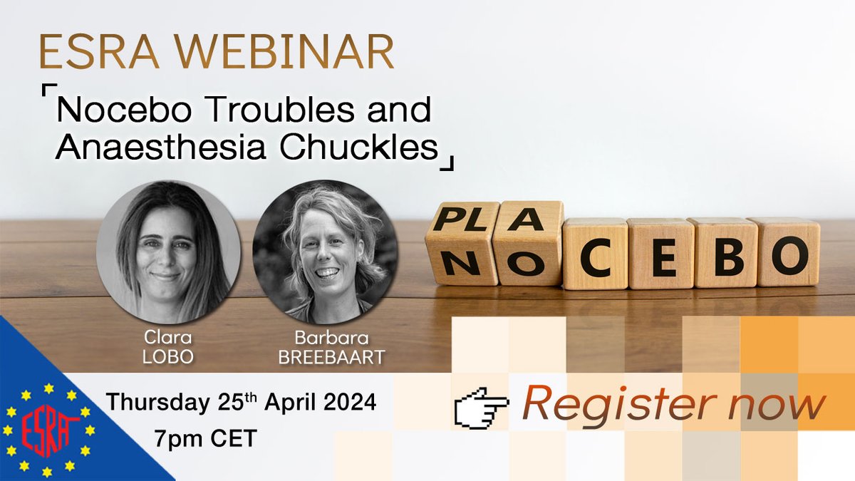 ESRA | European Society of Regional Anaesthesia (@esra_society) on Twitter photo Register now for our next #ESRAwebinar on #Nocebo troubles
🗓 Thu 25 April 7pm CET
👥 Chaired by <a href="/claralexlobo/">Clara Lobo 🇵🇹🇺🇦🇪🇺🇦🇪</a> with <a href="/BBreebaart/">barbara breebaart</a>
👉 Free registration: us02web.zoom.us/webinar/regist…
✅ Join us online & learn more on positive communication in anaesthesia! Register now for our next #ESRAwebinar on #Nocebo troubles
🗓 Thu 25 April 7pm CET
👥 Chaired by <a href="/claralexlobo/">Clara Lobo 🇵🇹🇺🇦🇪🇺🇦🇪</a> with <a href="/BBreebaart/">barbara breebaart</a>
👉 Free registration: us02web.zoom.us/webinar/regist…
✅ Join us online & learn more on positive communication in anaesthesia!