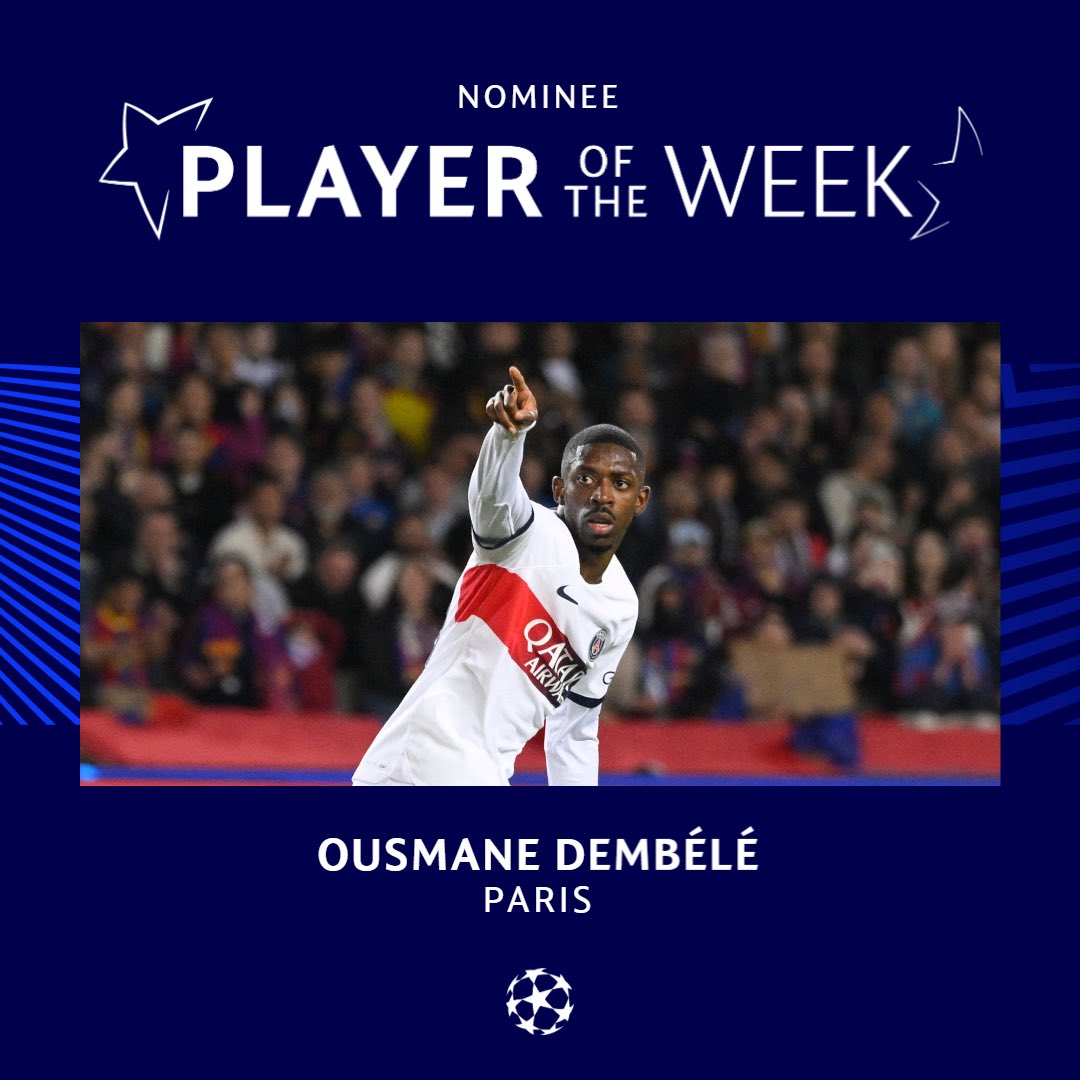 Nuestro querido @dembouz fue nominado al jugador de la semana de la @ChampionsLeague. 🏆🔝 Pueden votarlo en 👉 uefa.com/uefachampionsl…