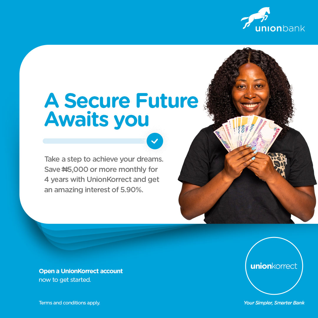 UNIONBANK_NG's tweet photo. Start building your financial future today with UnionKorrect.
Save as little as ₦5000 monthly and earn up to 7.18% interest on your savings.
Take the first step towards your financial dream and visit https://t.co/wCSNFBdwiK
#UnionBank #UnionKorrect https://t.co/dHztI4qQ3z