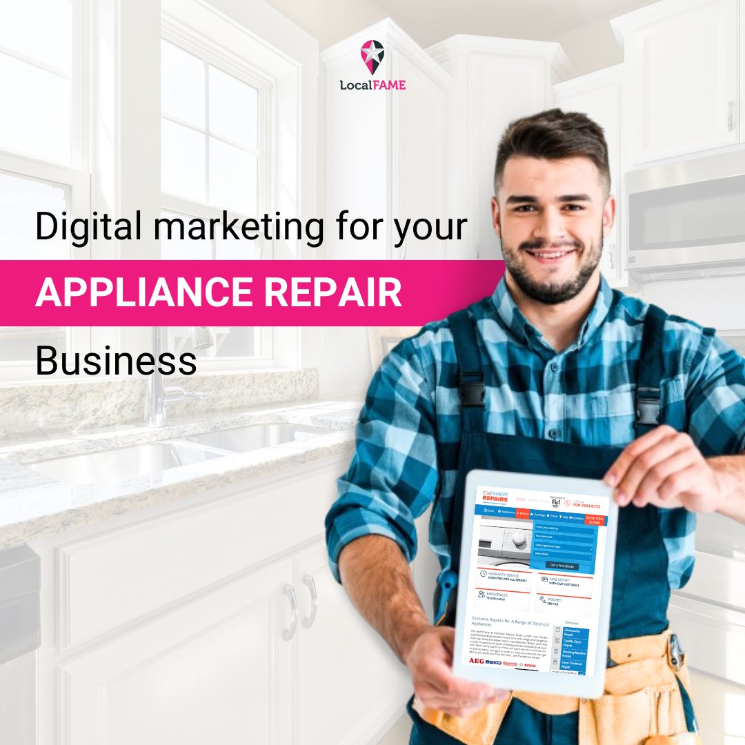 GetLocalFame's tweet image. Stop being invisible online! We've got the solution for you. 🛠️💡  
Our experts specialise in online marketing for appliance repair businesses like yours and will connect you with local customers in need of your services. Contact us today!🔗localfame.com/contacts