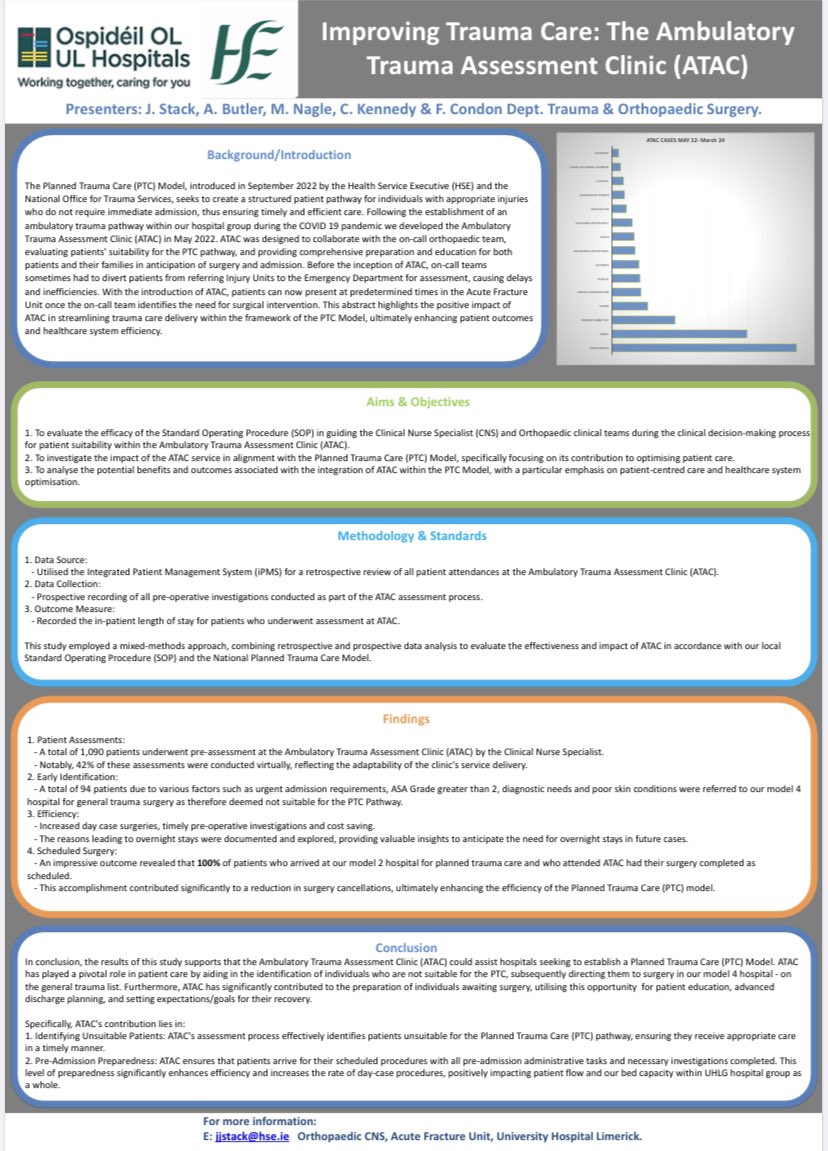 Delighted to be able to represent @ULHospitals at the Galway Orthopaedic Nurses Conference today with our introduction of the Ambulatory Trauma Assessment Clinic (ATAC) as an innovative approach to the Planned Trauma Care (PTC) Model.