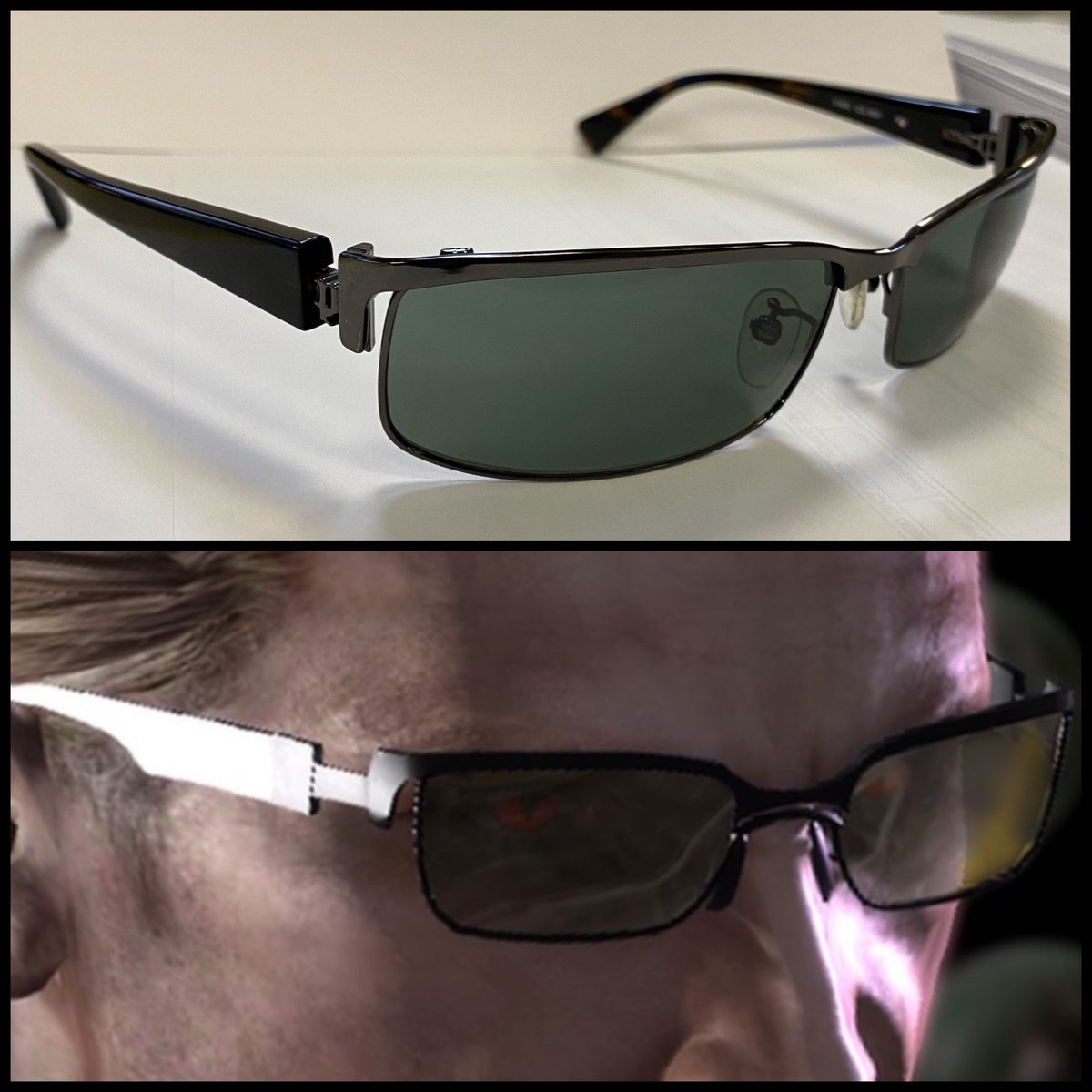 The real world inspiration for Wesker’s shades in RE5, here are my Police S8093 Sunglasses! Some notable changes made to the shades for their RE5 appearance include: a longer rectangular hinge, stylized design to the temples, and an extra bridge connecting the nose pads

#REBHFun